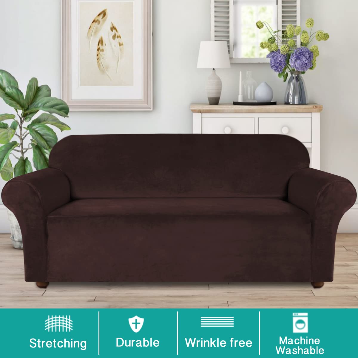 Luxury Turquoise Velvet Stretch Sofa Cover for 3-Cushion Couches | Oversized Non-Slip Elastic Slipcover | Soft Thick Fabric Protector (XL, Brown) – Perfect for Living Room, Home Theater & Guest Room Decor