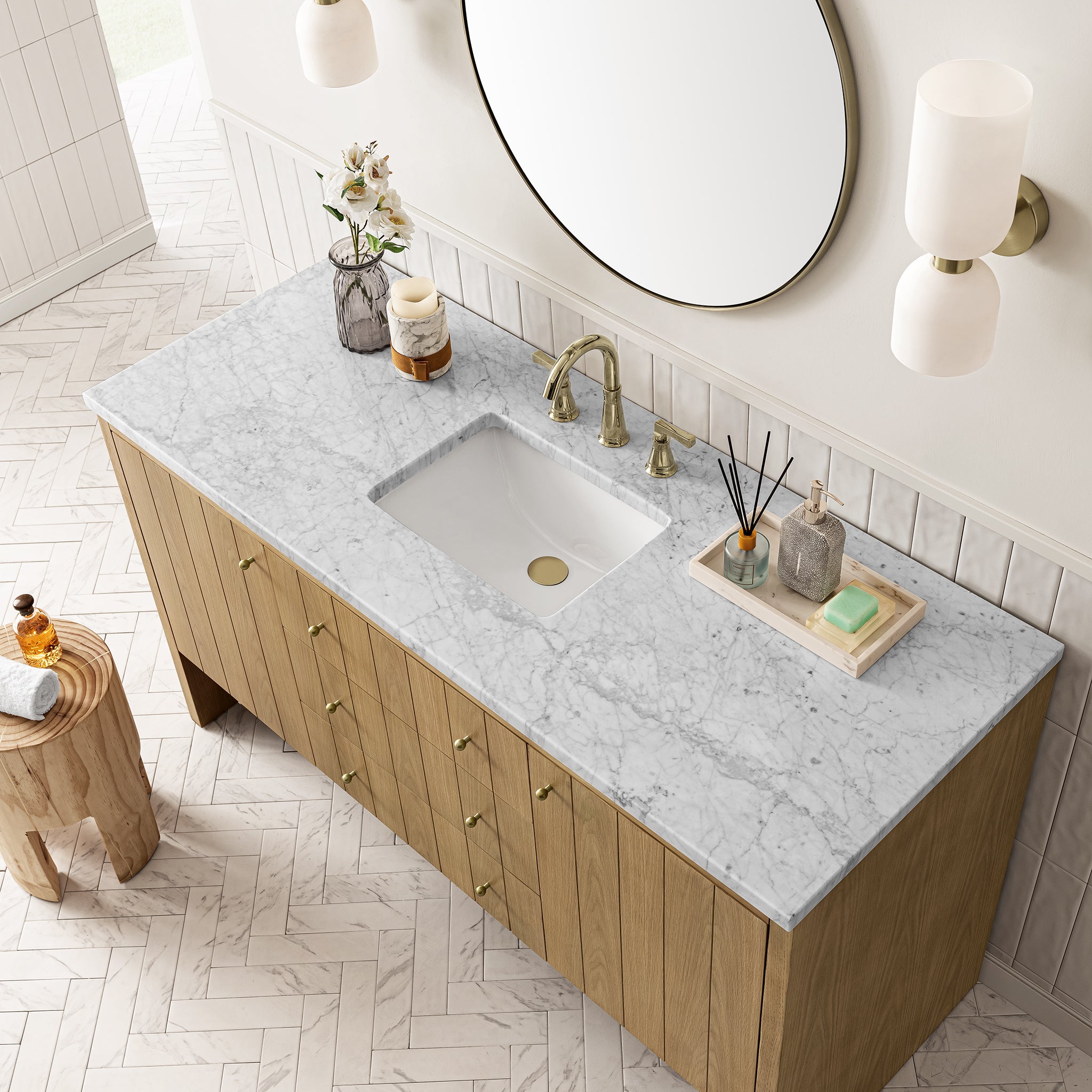 Hudson 60 Inch Single Bathroom Vanity with 3CM Carrara Marble Top in Light Natural Oak - Perfect for Modern Master Bathrooms & Powder Rooms