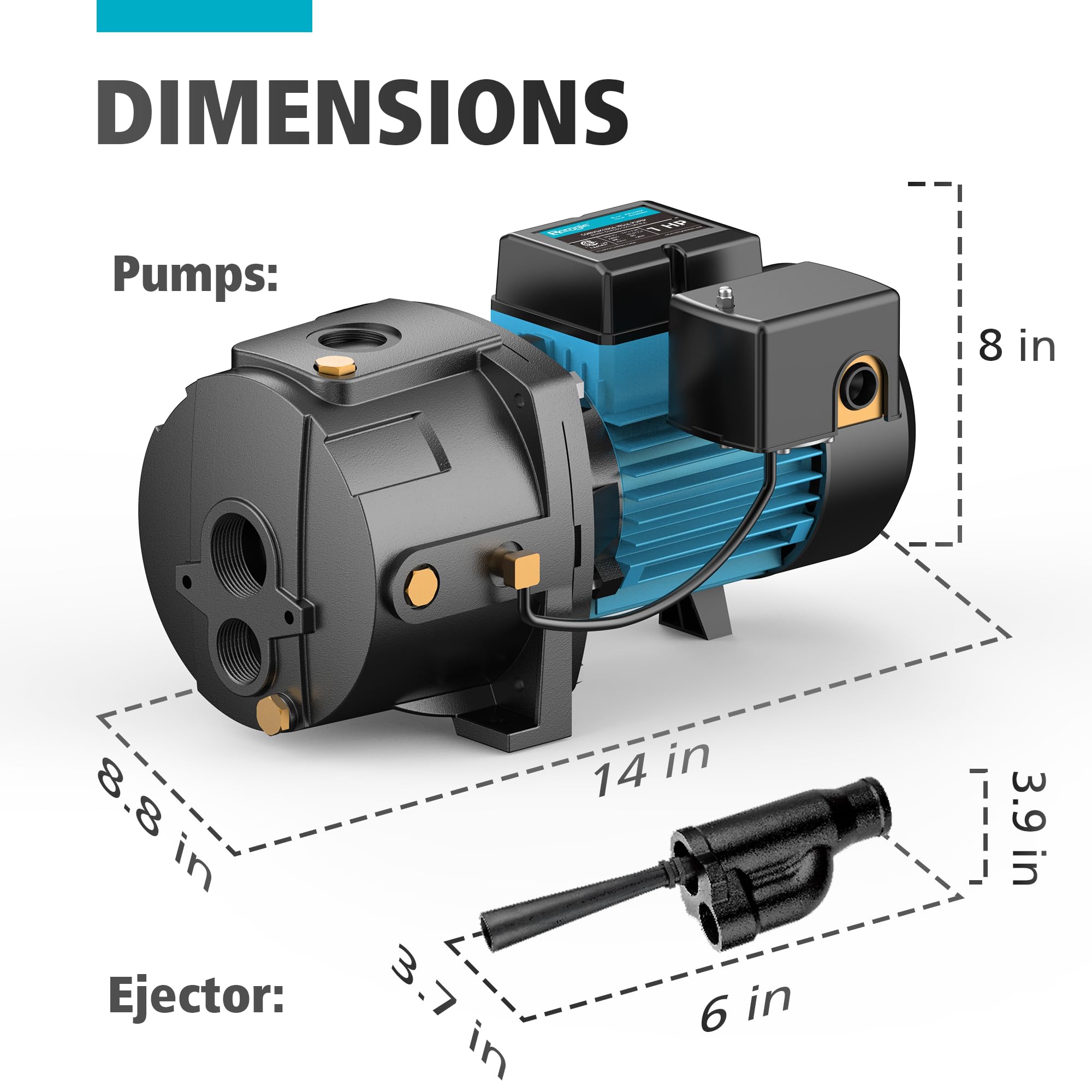 1HP Shallow/Deep Well Jet Pump with Ejector Kit - 115V/230V Heavy Duty Cast Iron Water Pump for Wells up to 50ft - Automatic Pressure Switch - Ideal for Farm Irrigation, Lawn Sprinkler Systems & Garden Watering