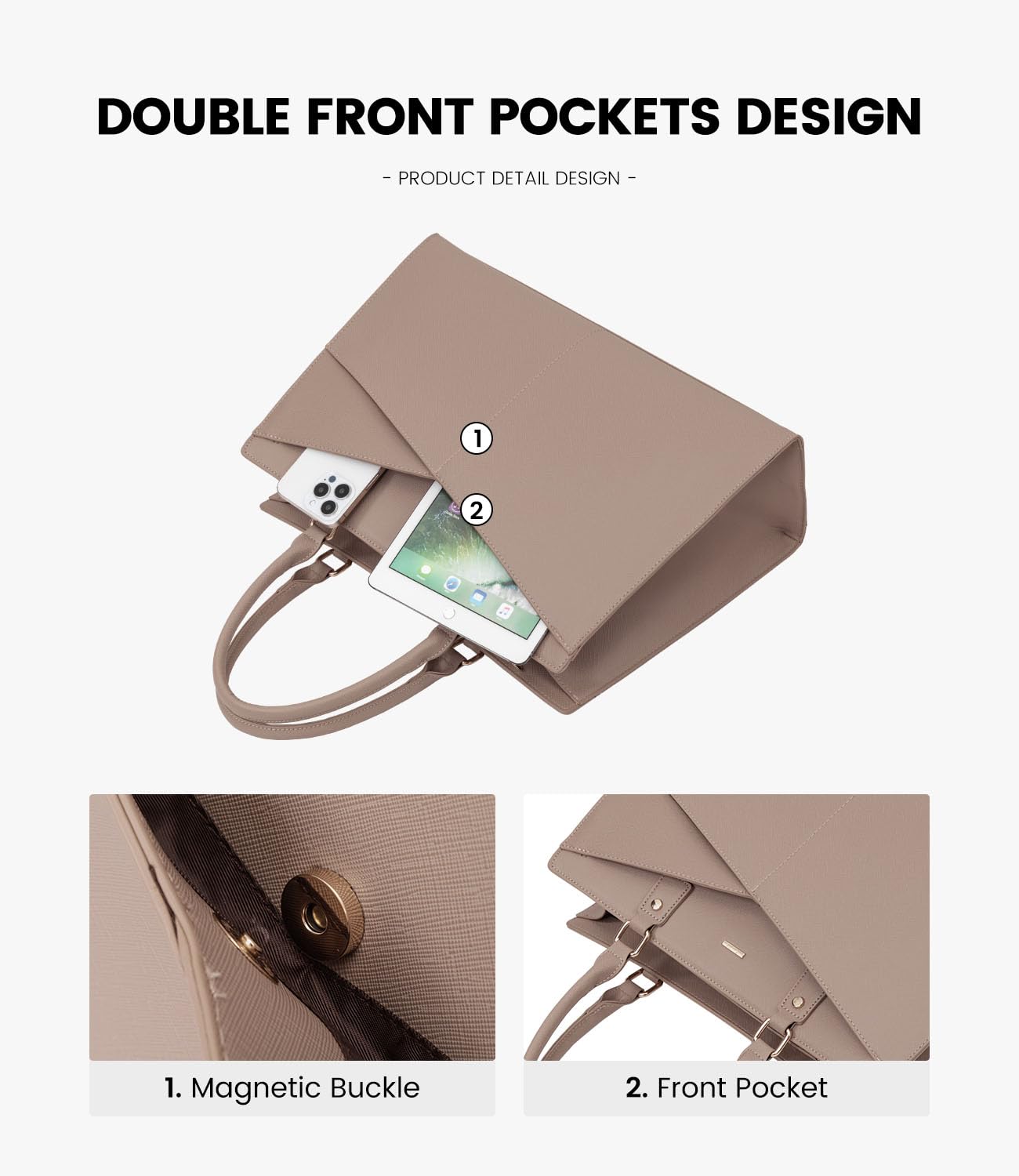 LOVEVOOK Leather Laptop Tote Bag for Women - Professional 15.6 Inch Business Office Work Bag with Small Clutch - Light Khaki - Perfect for Commuting, Business Meetings & Travel