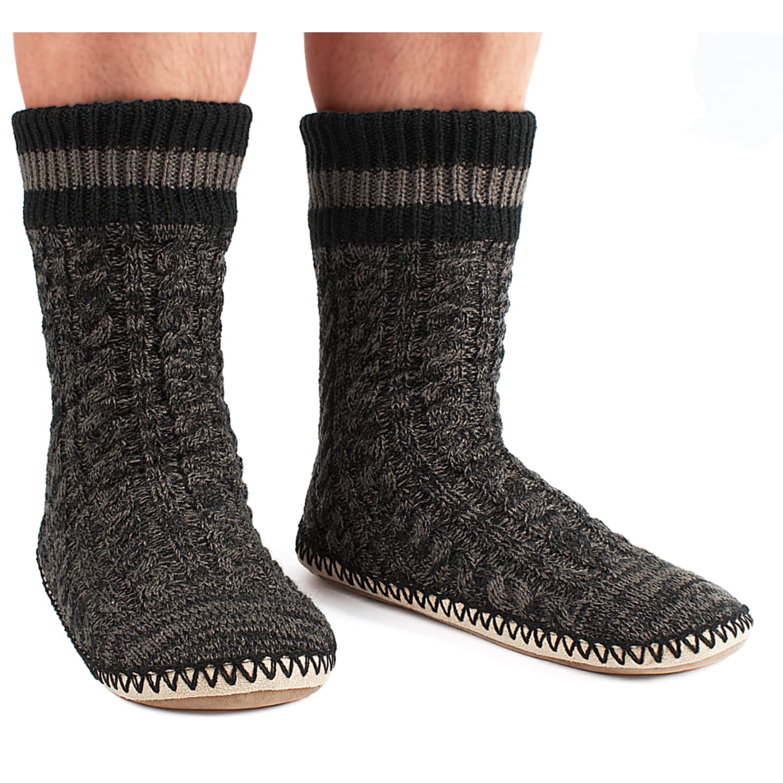 Men's Winter Cable Knit Non-Slip Slipper Socks - Cozy Soft Indoor Socks with Fluffy Sherpa Lining for Warmth & Comfort - Perfect for Home, Lounge & Cold Weather Wear