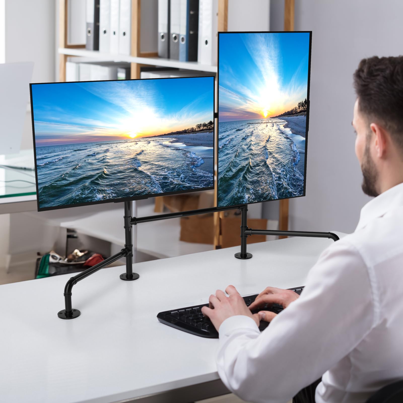 OYEAL Dual Monitor Stand for 13-27 Inch Screens - Adjustable Free Standing Desk Mount with Heavy-Duty Base for 2 Computer Monitors (Black) - Perfect for Home Office, Gaming Setup & Workspace Ergonomics