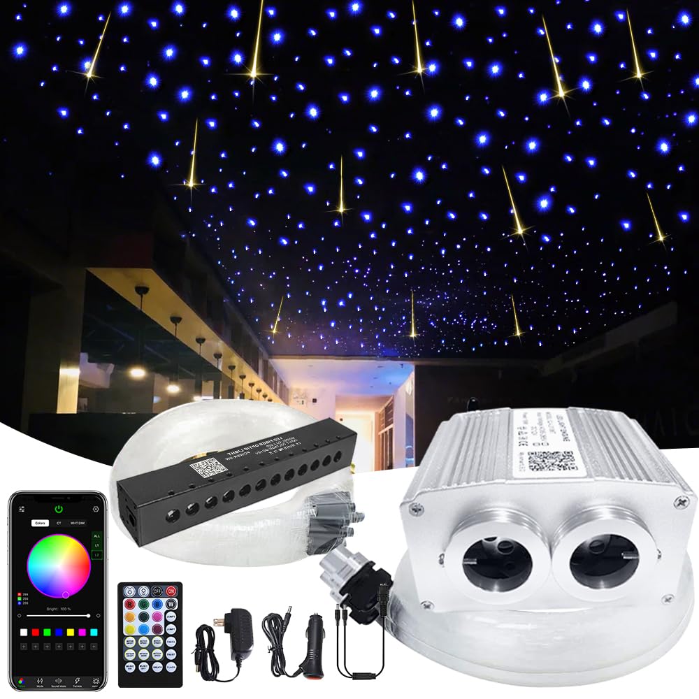 16W Dual Head Twinkle Fiber Optic Lights Kit - Bluetooth RGBW LED Starlight Headliner for Car & Home Ceiling | 920pcs Mixed Fibers (9.8ft/3m) with Meteor Shooting Star Effect | Perfect for Bedroom, Theater, Party & Romantic Ambiance Lighting