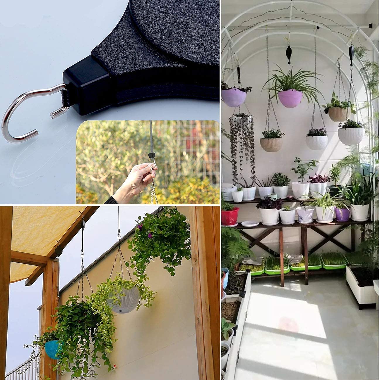 3-Piece Heavy Duty Retractable Plant Pulley Hanger Set - Easy Reach Garden Hook for Hanging Flower Baskets, Pots & Bird Feeders | Perfect for Balcony, Patio & Indoor Plant Decor