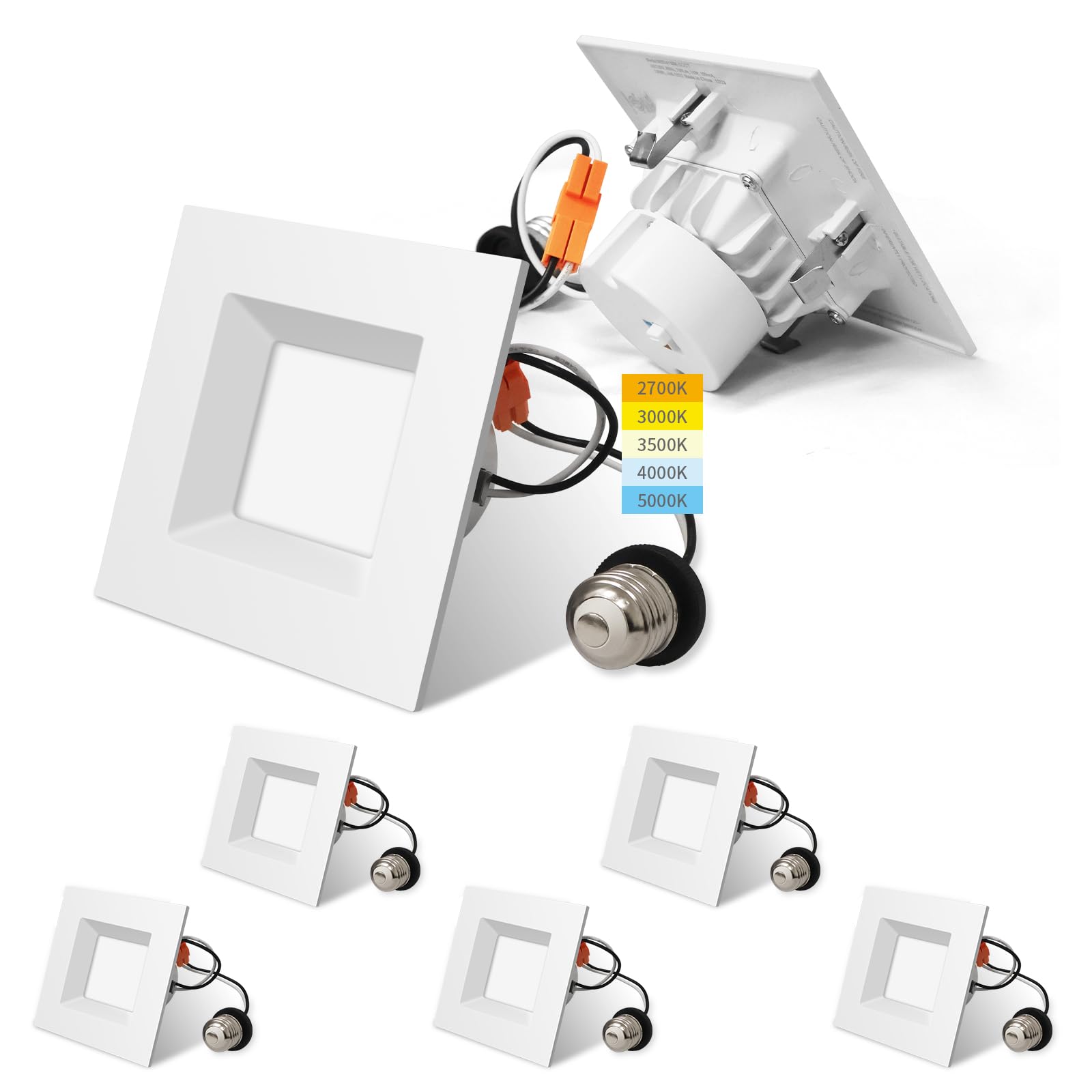 6 Pack 4 Inch 5 CCT Selectable Color Temperature LED Square Recessed Downlight - Retrofit LED Can Lights, 75W Incandescent Equivalent, 750LM, Energy Star Certified - Perfect for Kitchens, Living Rooms & Bedrooms