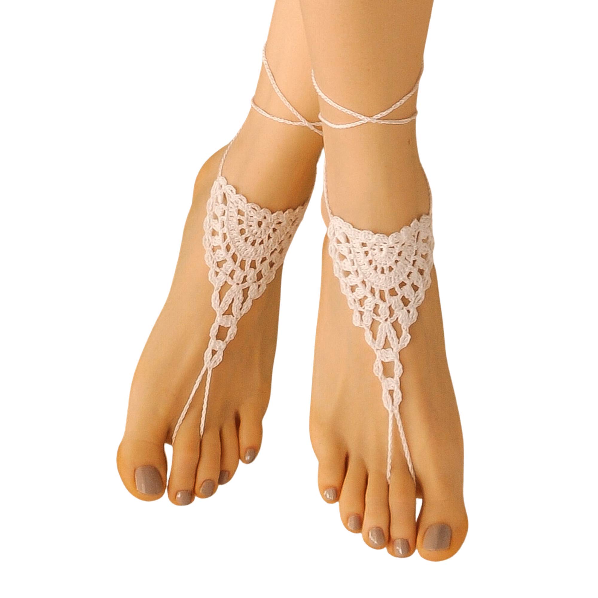 Handmade Crochet Barefoot Sandals for Women - Adjustable Boho Beach Wedding Sandals, Lace Foot Jewelry, One Size Fits Most - Perfect for Beach Weddings, Summer Vacations & Boho Fashion (Ivory)