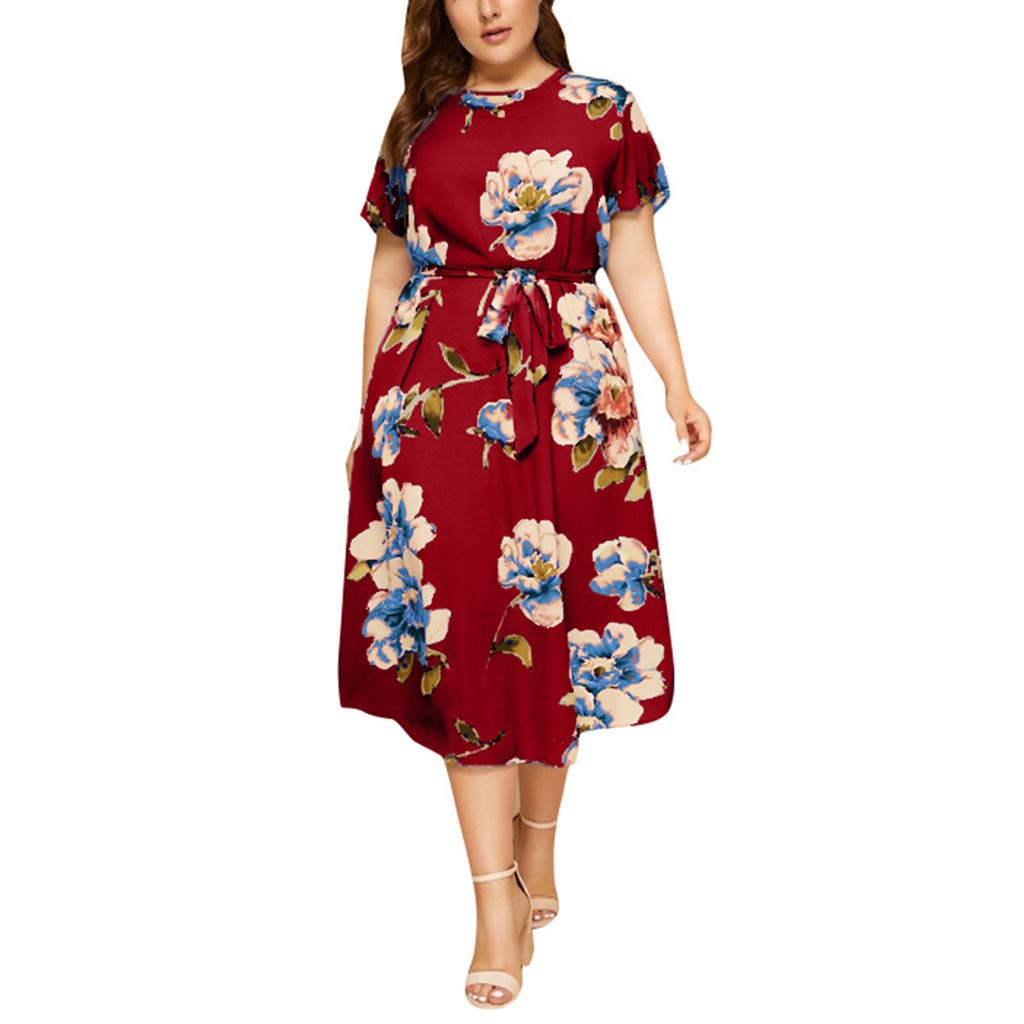Ulanda Women's Plus Size Casual Short Sleeve Chiffon Floral Dress with Belt - Elegant Summer Midi Dress for Curvy Women - Perfect for Office, Party & Date Night