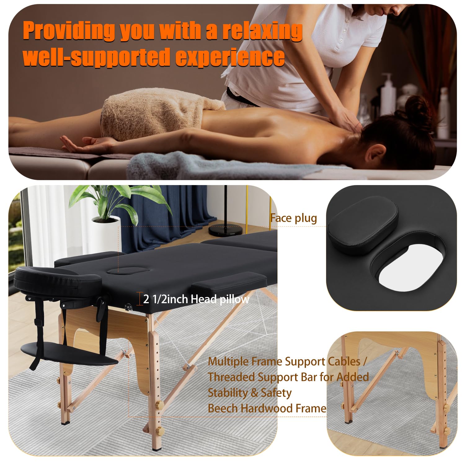 Portable Adjustable Massage Table with Neck Stretcher - Professional Lash Bed & Tattoo Table for Eyelash Extensions, Beauty Treatments & Body Art - Perfect for Spas, Salons & Home Use (Black)