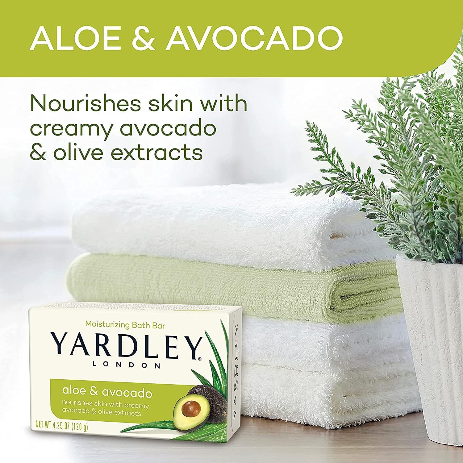 Yardley London Aloe & Avocado Moisturizing Soap Bar - 4.25 oz (Pack of 4) | Natural Skin Care for Dry & Sensitive Skin | Perfect for Shower, Bath & Travel