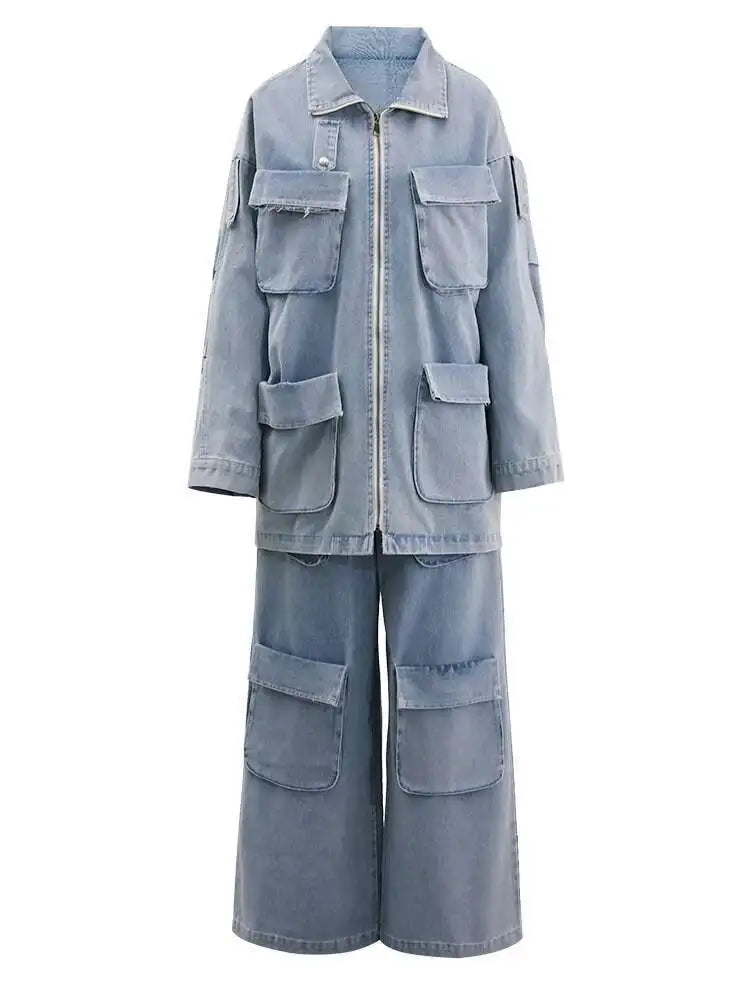 Big Size Denim Jacket & Wide Leg Pants Two-Piece Suit for Women - 2025 Spring Autumn Fashion Trend with Lapel Design (CPG1716) | Perfect for Casual Outings, Office Wear & Street Style