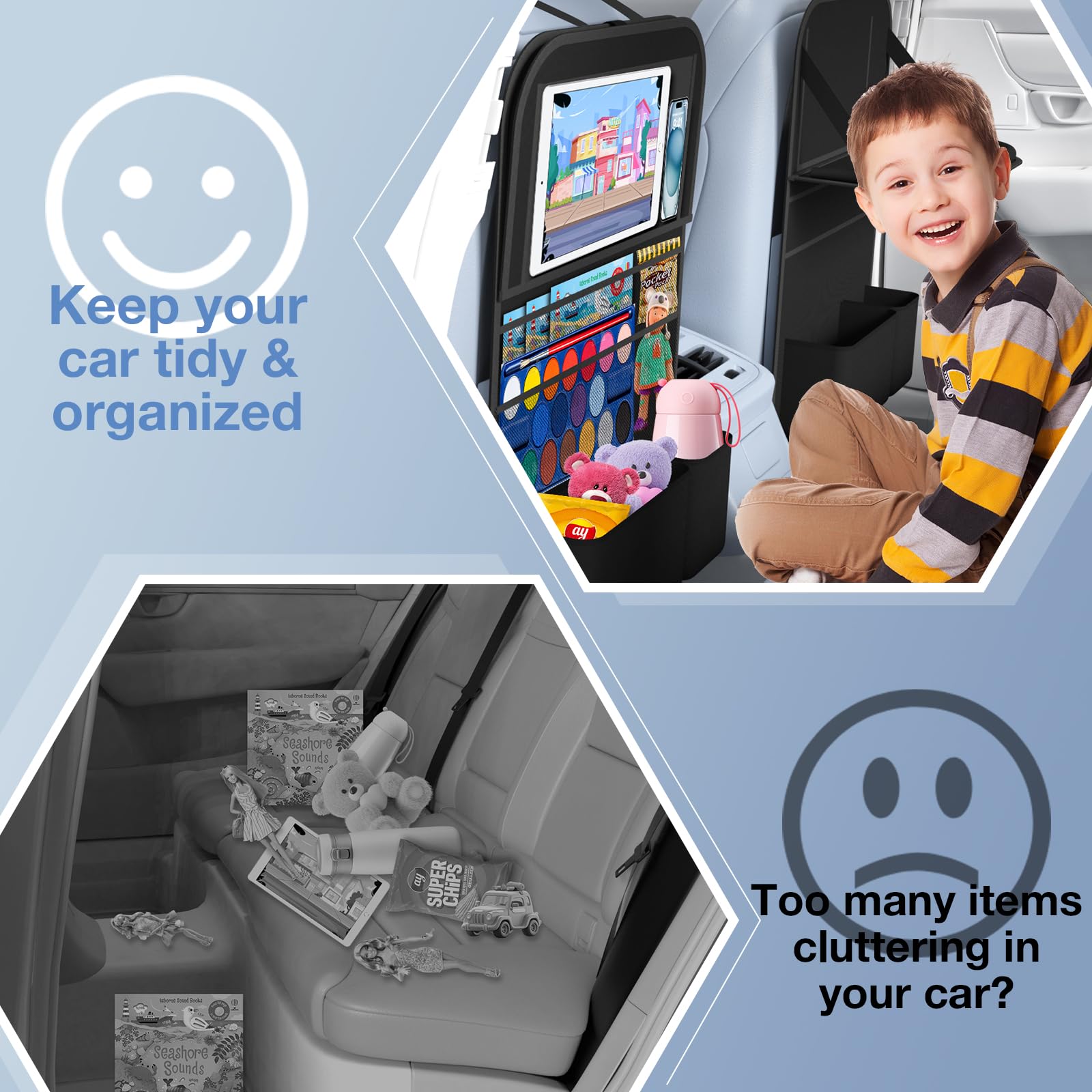 Car Backseat Organizer with Table Tray - 9 Storage Pockets & Tablet Holder for Kids Road Trips, Travel Essentials - Perfect for Family Vacations & Long Drives (1 Pack)