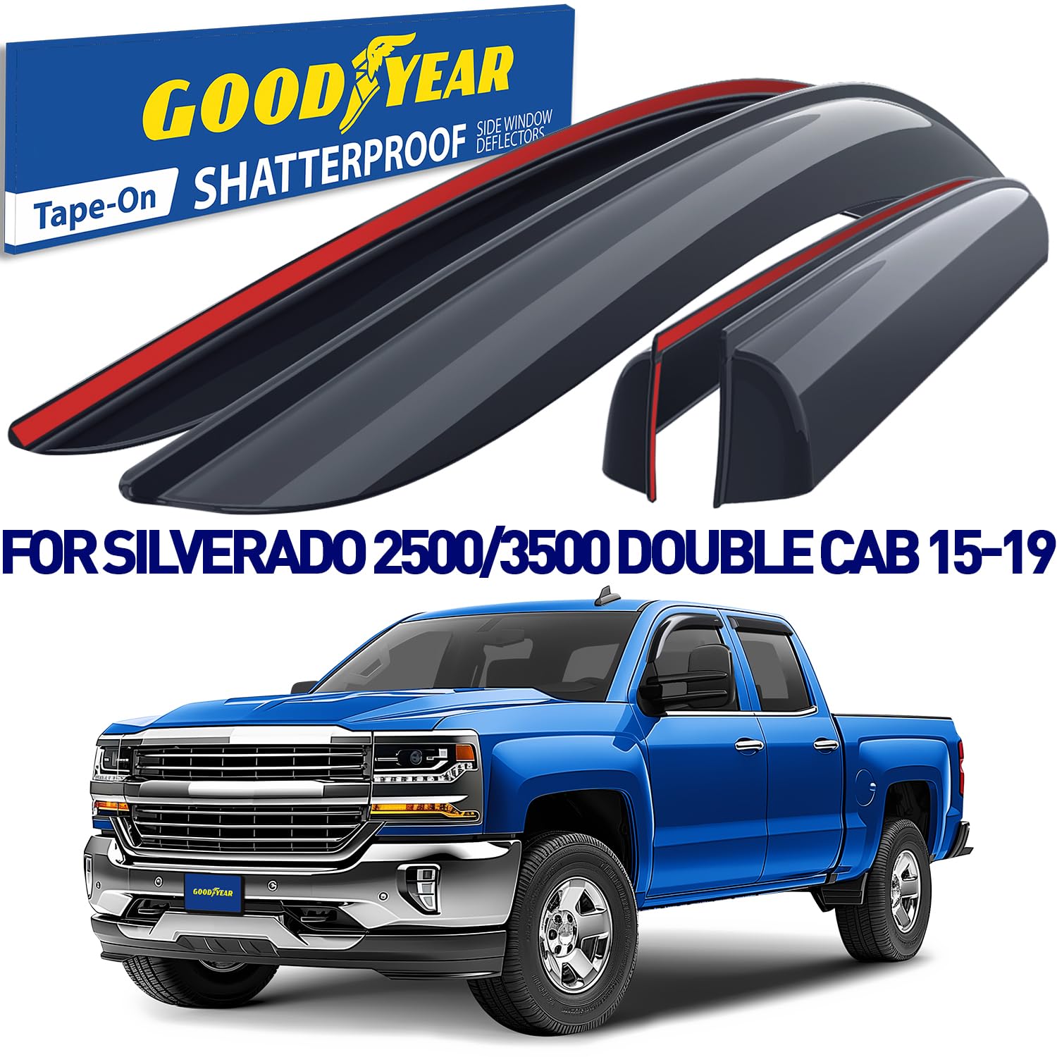 Goodyear Shatterproof Window Deflectors for Chevrolet Silverado 2500/2500HD/3500HD 2015-2019 Double Cab - Tape-On Rain Guards, Wind Deflector Visors, 4-Piece Set - Perfect for Rain Protection & Improved Ventilation While Driving