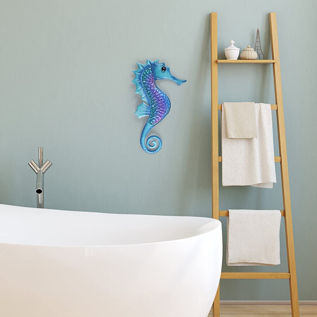 MDLUU Seahorse Wall Decor 14 Inches - Nautical Metal Wall Art, Marine Life Sculpture for Home & Garden - Perfect for Bathroom, Patio, Fence Decor (Blue) | Coastal & Beach House Decorating Idea