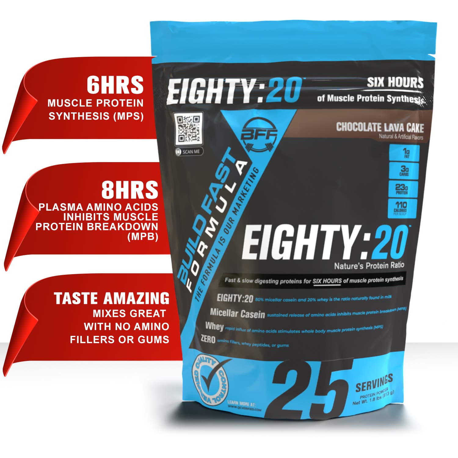 Eighty:20 Protein Powder - Casein & Whey Blend for 6-Hour Muscle Protein Synthesis | Fast & Slow Digesting Proteins for Men & Women | Keto Friendly, Great Tasting Chocolate Lava Cake Flavor | Ideal for Post-Workout Recovery & Nighttime Muscle Growth