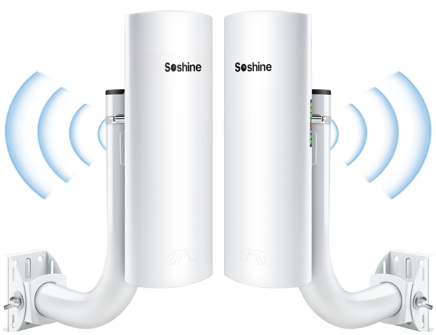 Soshine 5.8G 300Mbps Wireless Bridge Kit with Mounts - Long Range 3KM Point to Point Outdoor WiFi Extender for Shop, Barn, Garage & Building | Plug & Play with 24V PoE Injector & 2 RJ45 Ports (2-Pack) - Perfect for Remote Offices, Farm Connectivity & Surveillance Systems