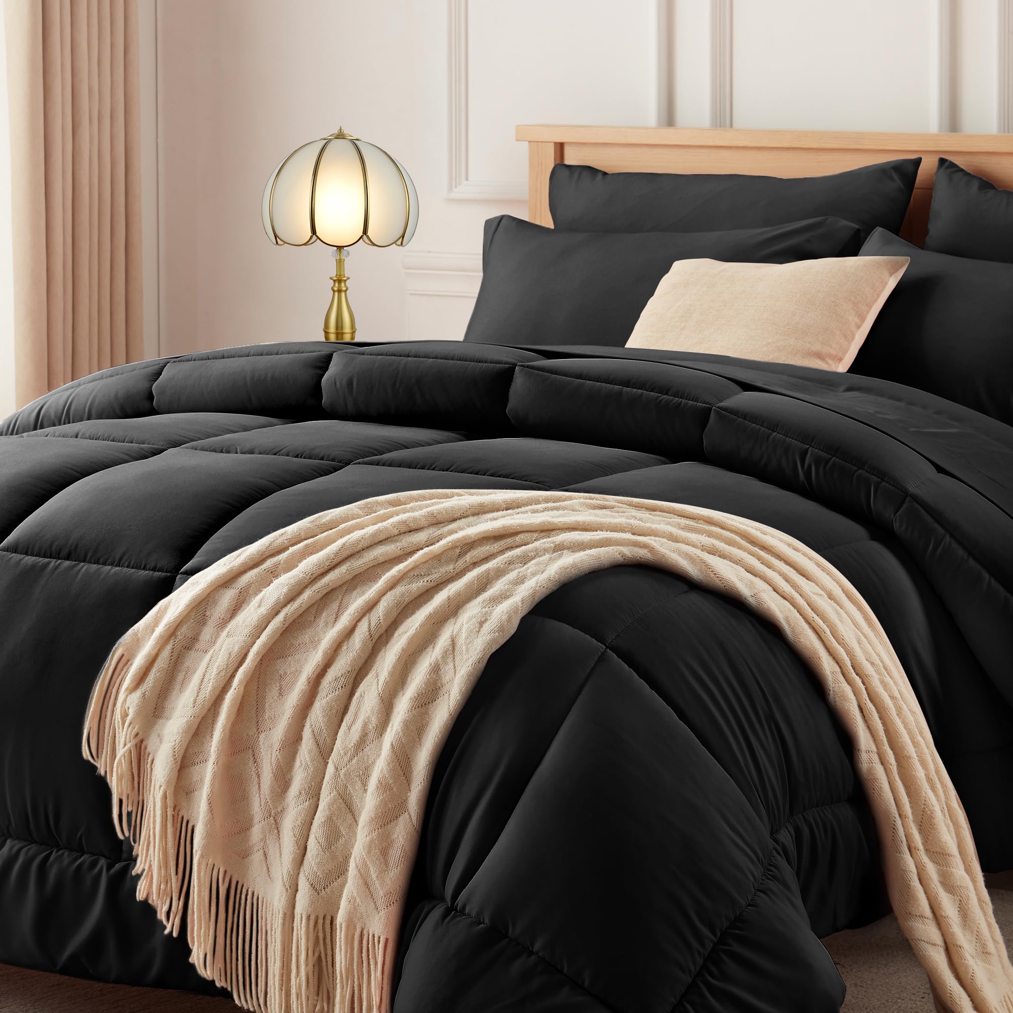 Newspin Twin Bed in a Bag - 5 Piece Black Comforter Set | Ultra Soft All Season Bedding Set Includes Comforter, Flat Sheet, Fitted Sheet & Pillowcases | Perfect for Guest Rooms, Dorms & Cozy Bedrooms