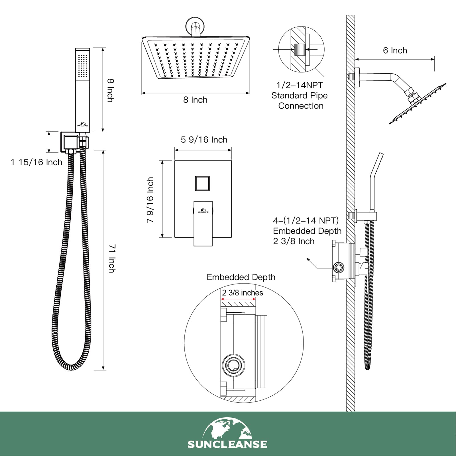 8 Inch Rainfall Shower System Set - Brushed Nickel Wall Mounted Shower Faucet with Handheld Spray & Trim - Perfect for Modern Bathrooms & Spa-Like Experience