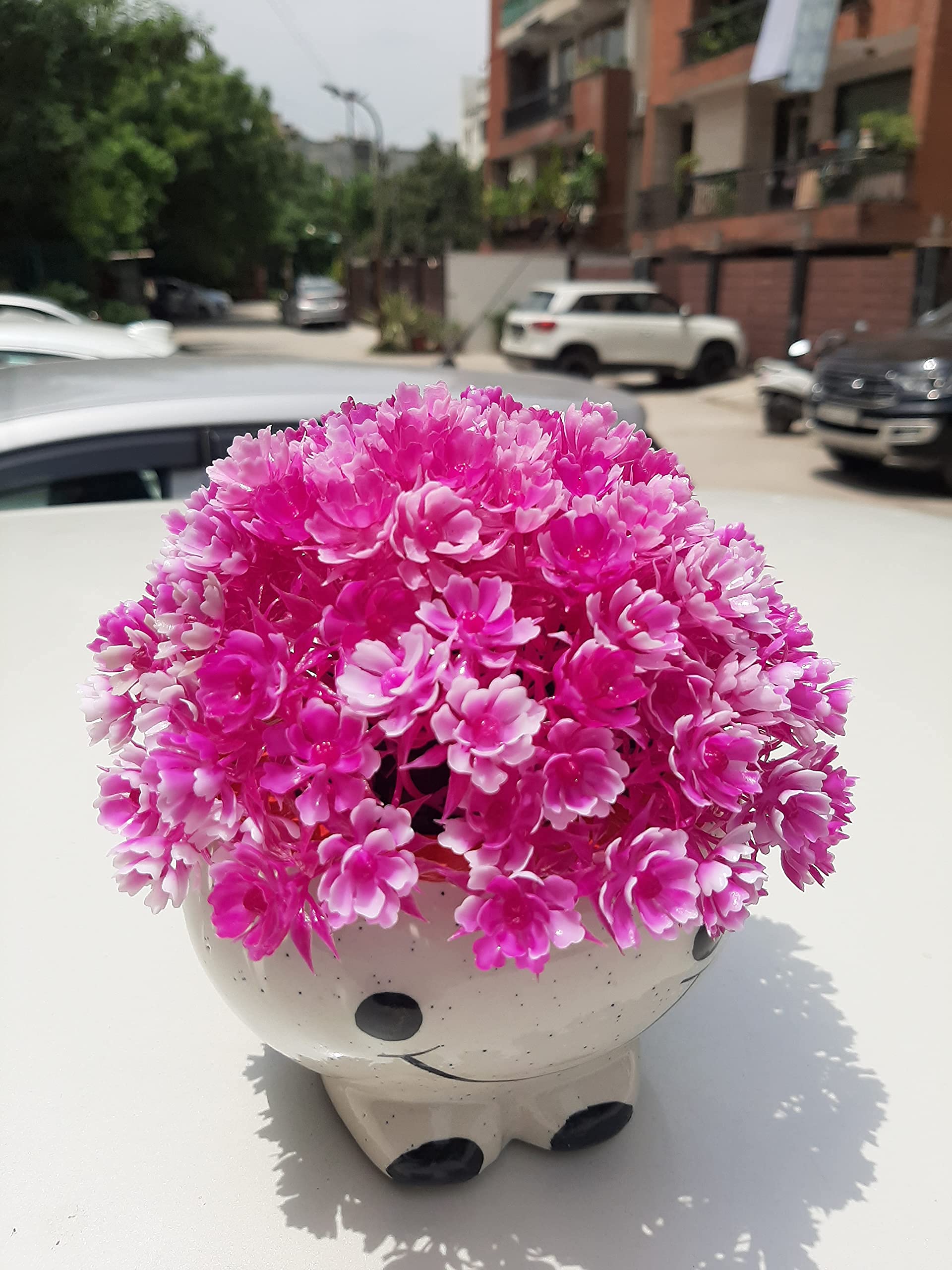 Handmade White Ceramic Smiley Face Planter with Artificial Flower - 3 x 4.5 Inch Small Decorative Pot for Home, Office, Windowsill - Perfect for Succulents, Air Plants & Home Décor in Living Room, Bedroom or Dining Area