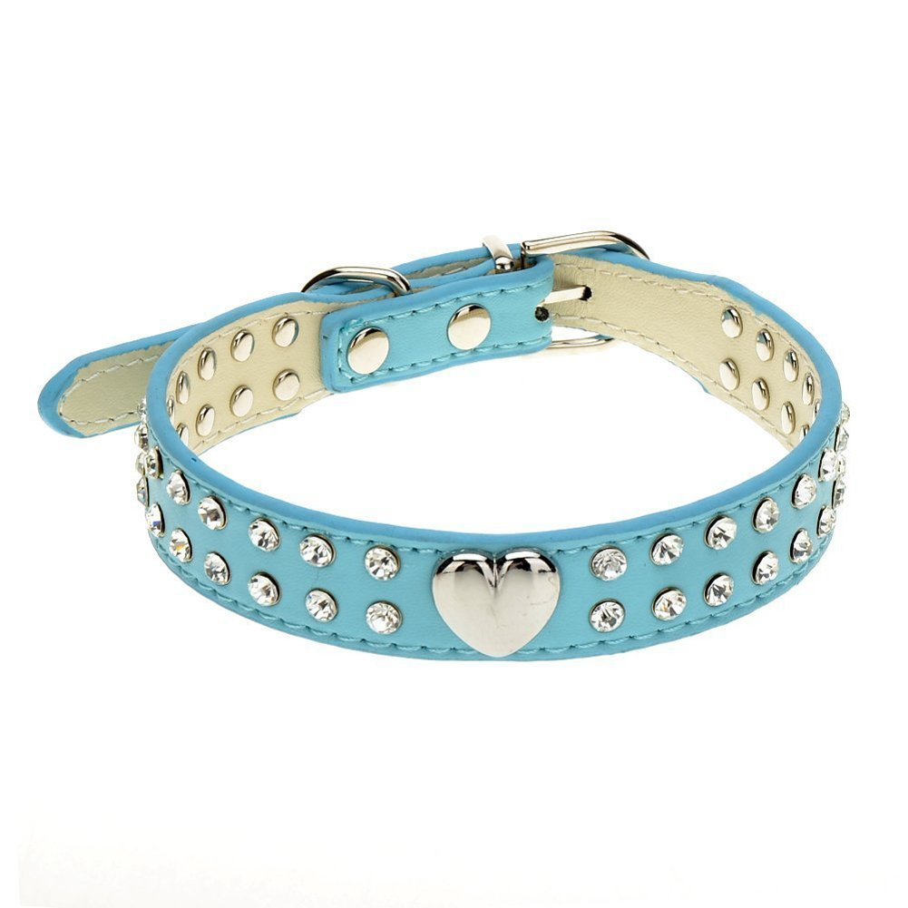 Sparkling 2-Row Rhinestone Heart Studded Leather Dog Leash & Collar Set - Blue Medium Size for Small to Medium Dogs | Perfect for Walks, Training & Stylish Pet Fashion