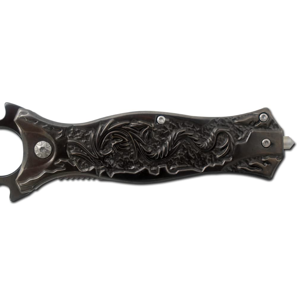 Tactical Folding Pocket Knife - Snake Eye Design with Half-Serrated Blade & Dragon Handle (Black) | EDC, Outdoor Survival, Camping, Hunting Gear
