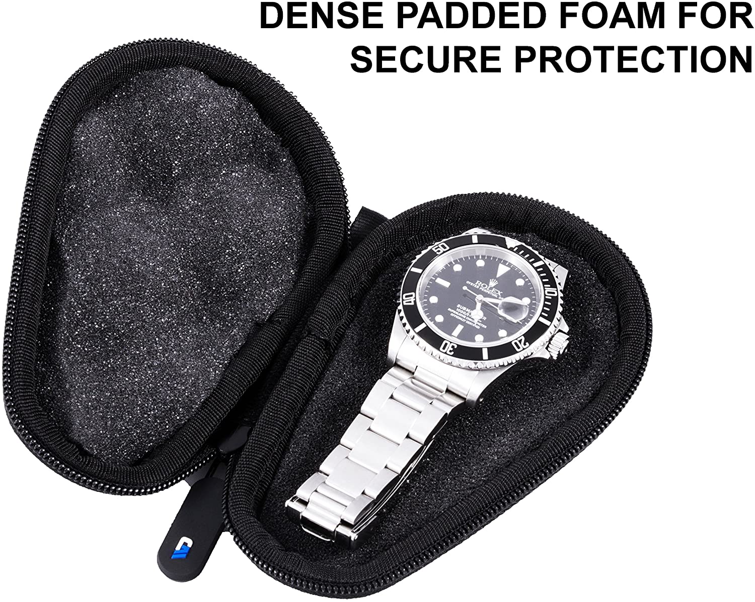 CASEMATIX Premium Watch Travel Case - Hard Shell Exterior & Cushion Foam Interior for Protection - Fits Watches Up to 56mm with Reinforced Zippers & Metal Carabiner - Perfect for Business Travel, Vacation & Watch Collection Storage