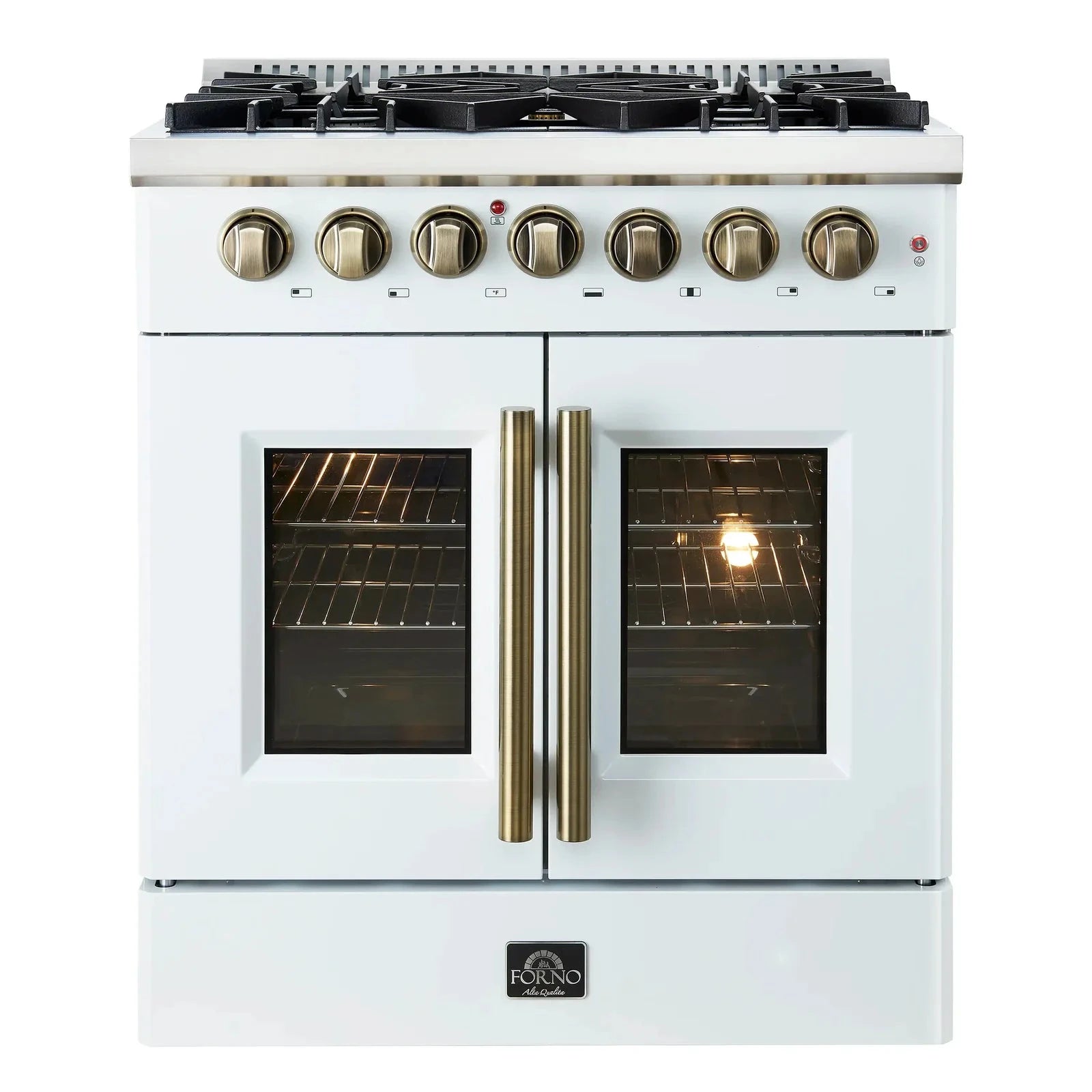 Forno Galiano 30-Inch French Door Dual Fuel Range - 5 Gas Burners & Electric Convection Oven in White with Antique Brass Trim (Model FFSGS6356 30WHT) - Perfect for Gourmet Cooking, Baking, and Entertaining in Modern Kitchens