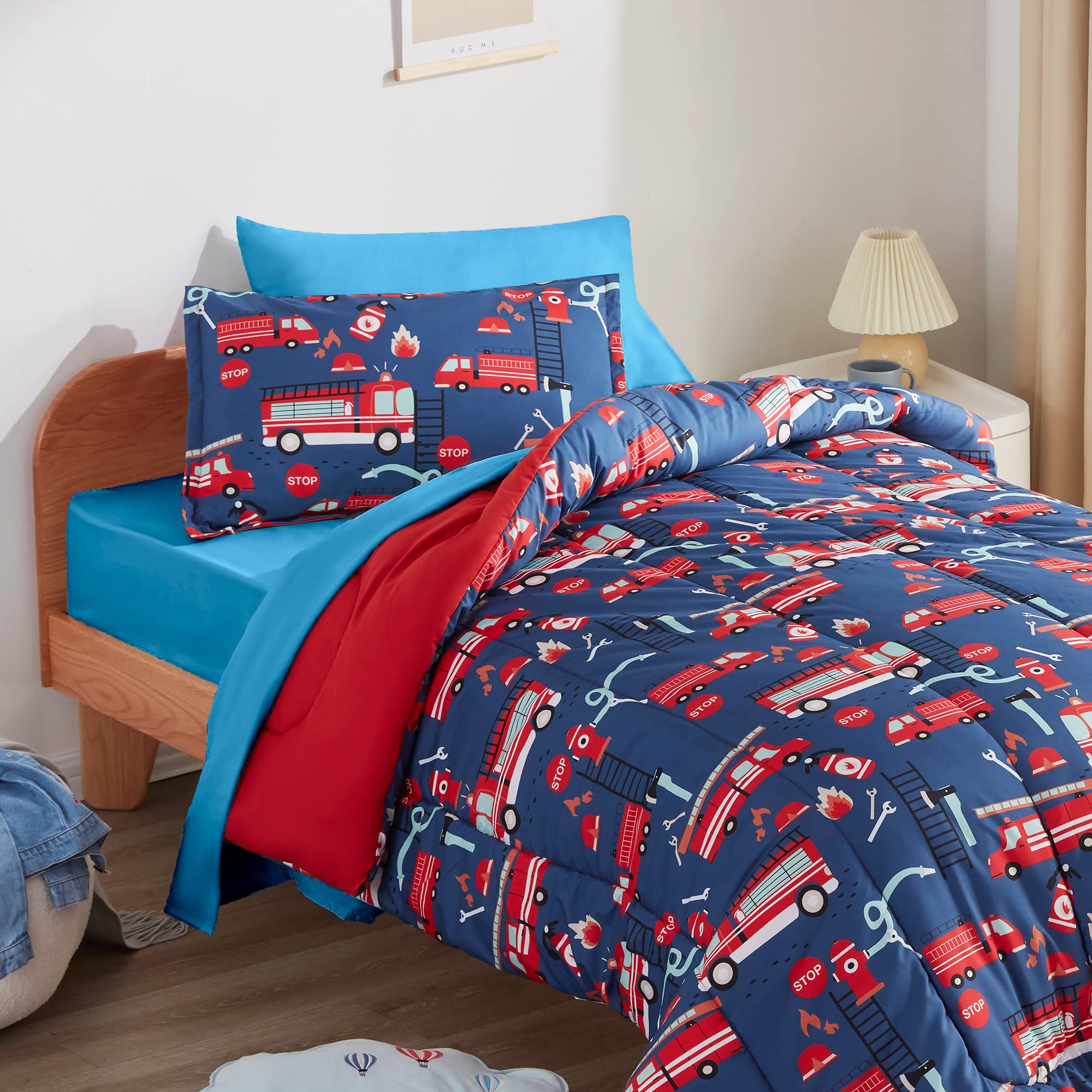 Kids Twin Bedding Set - 5 Piece Super Soft Comforter Set with Sheet, Pillowcase & Sham | Fade Resistant & Easy Care | Fire Truck Design | Perfect for Boys' Bedroom, Sleepovers & Nursery Decor