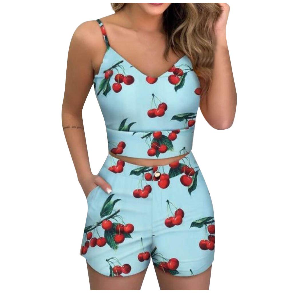 Women's High Waisted Denim Shorts & Printed Sleeveless V-Neck Camisole Set - Summer Casual Outfit, Beach Wear, Athletic Sports Activewear for Women