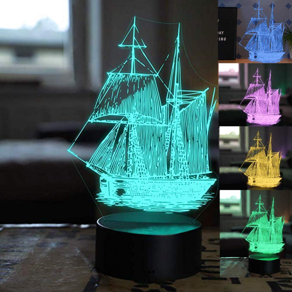 3D Boat Ship Night Light - LED Touch Switch Table Lamp with 7 Color Changing Modes, Optical Illusion Desk Decor for Kids, Christmas, Birthday Gifts - Perfect for Bedroom, Nursery, Party & Home Decoration