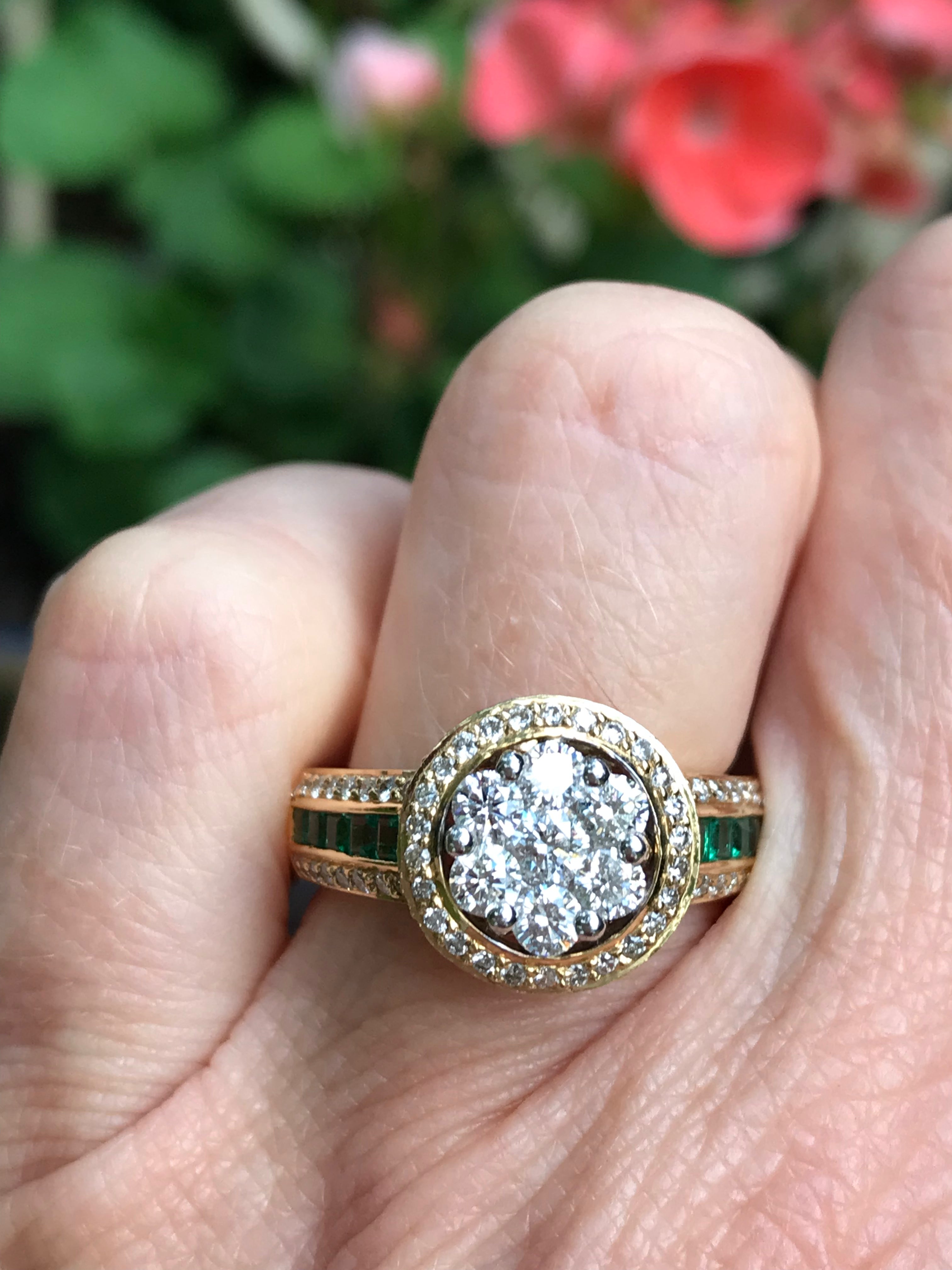 18ct Yellow Gold Diamond & Emerald Halo Ring | Elegant Engagement & Wedding Jewelry for Women | Perfect for Proposals, Anniversaries & Special Occasions