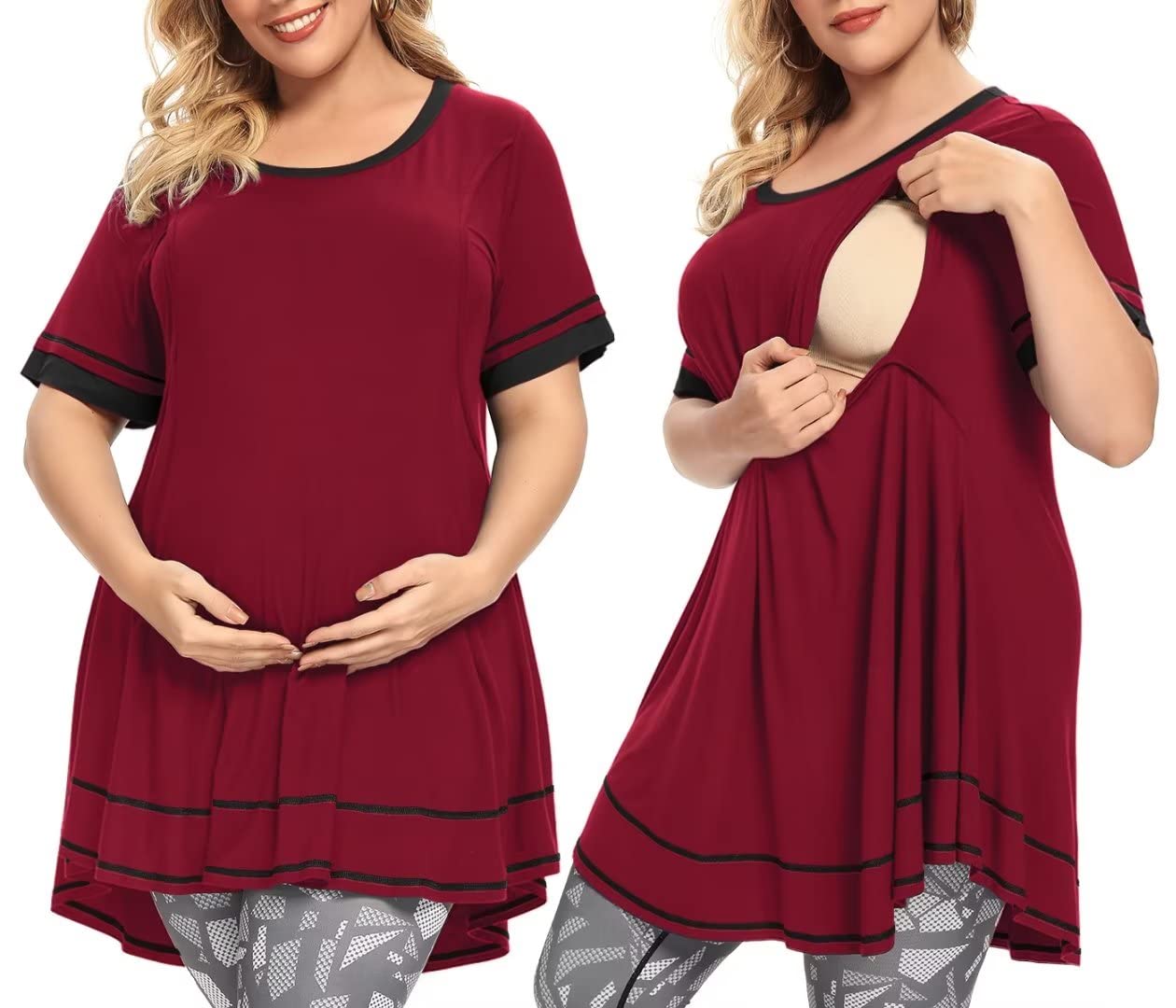 MONNURO Women's Plus Size Nursing Maternity Tops - Short Sleeve Casual Swing Tunic for Breastfeeding | Comfortable Loose Fit for Pregnancy & Nursing | Perfect for Work, Shopping & Daily Wear