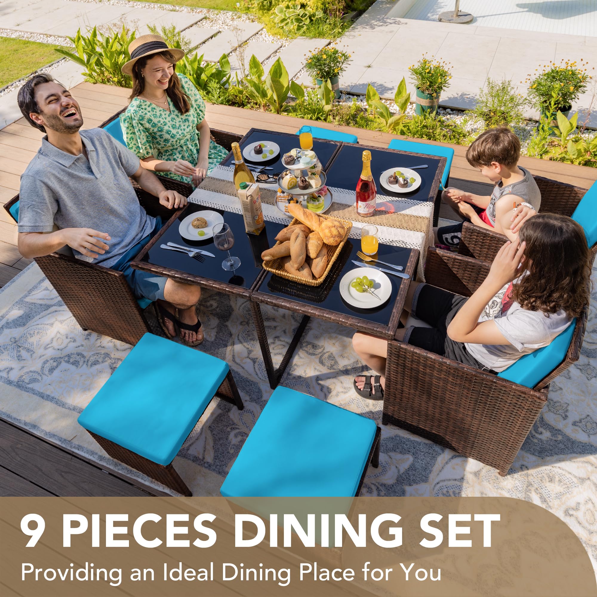 Devoko 9-Piece Outdoor Patio Dining Set - Space-Saving Rattan Chairs with Tempered Glass Table, Cushioned Seating & Back Sectional Conversation Set (Blue) - Perfect for Garden, Backyard, Balcony & Poolside Relaxation