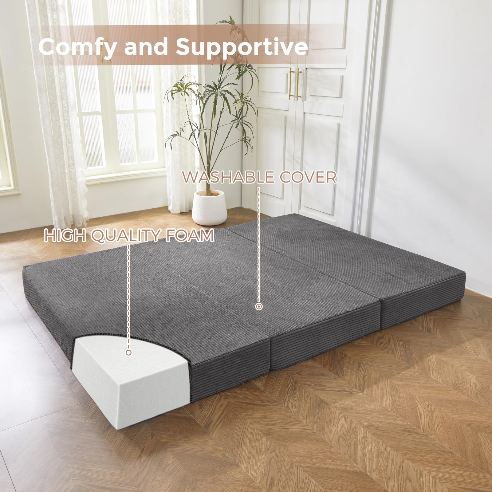 MAXYOYO 6 Inch Corduroy Tri-Folding Gel Memory Foam Mattress Topper - Foldable Guest Bed & Camping Pad in Carbon Grey | Perfect for Spare Rooms, Sleepovers & Outdoor Adventures