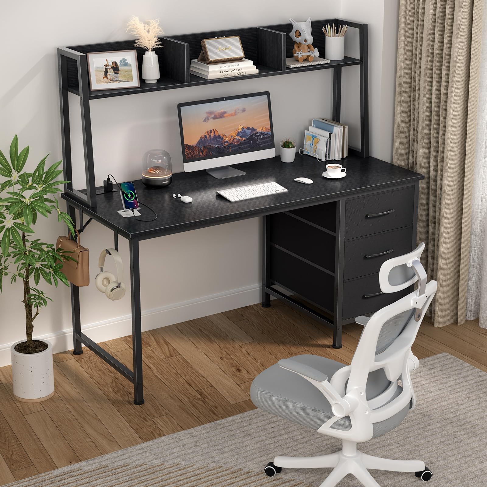 47 Inch Black Modern Computer Desk with Hutch & 3 Drawers - Home Office Desk with Storage & Power Outlets, Study Writing Desk for Bedroom, Small Spaces & Remote Work