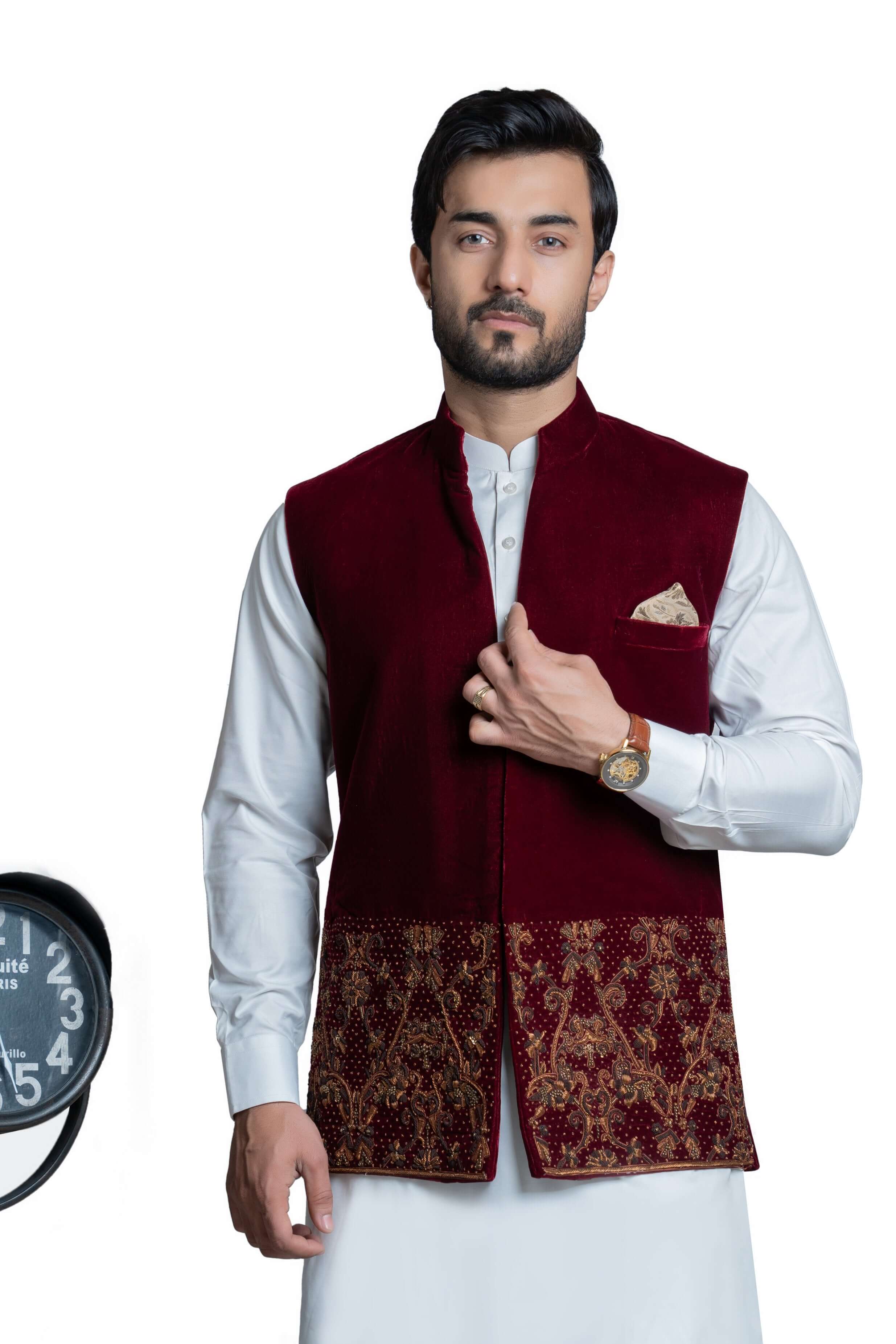 Deep Maroon Velvet Waistcoat with Gold Zardozi Embroidery - Elegant Formal Vest for Weddings, Parties & Special Occasions