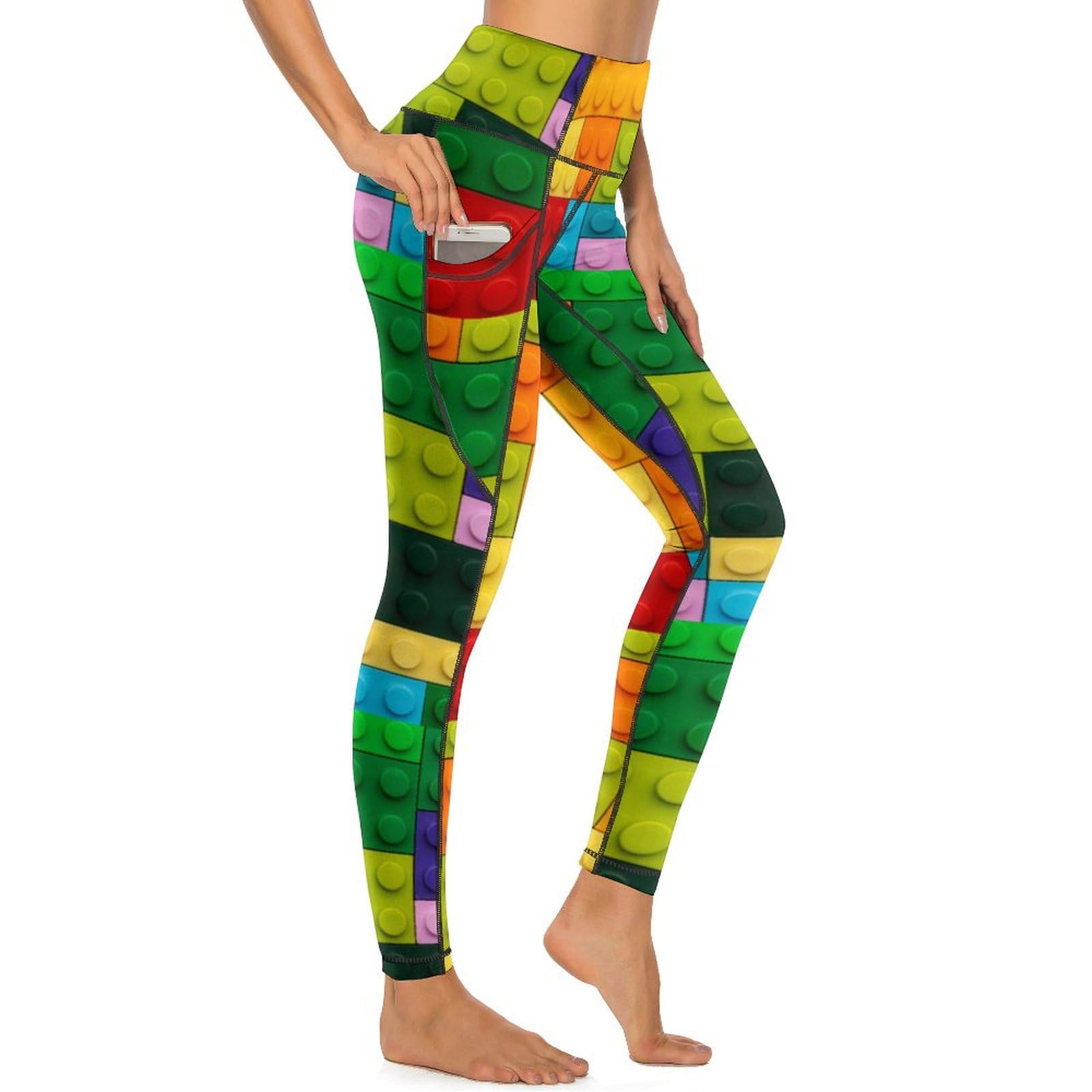 Vibrant Colorful Building Blocks Leggings for Women - High Waisted Soft Yoga Pants with Pockets | Perfect for Workouts, Gym, Running & Casual Wear