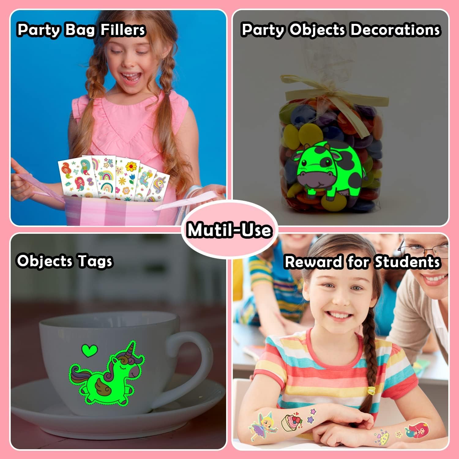 Glow in the Dark Temporary Tattoos for Girls - 20 Sheets Kids Body Art Stickers with Mermaid, Butterfly, Princess & Flower Designs | Perfect for Birthday Parties, Sleepovers, Pool Parties & DIY Crafts