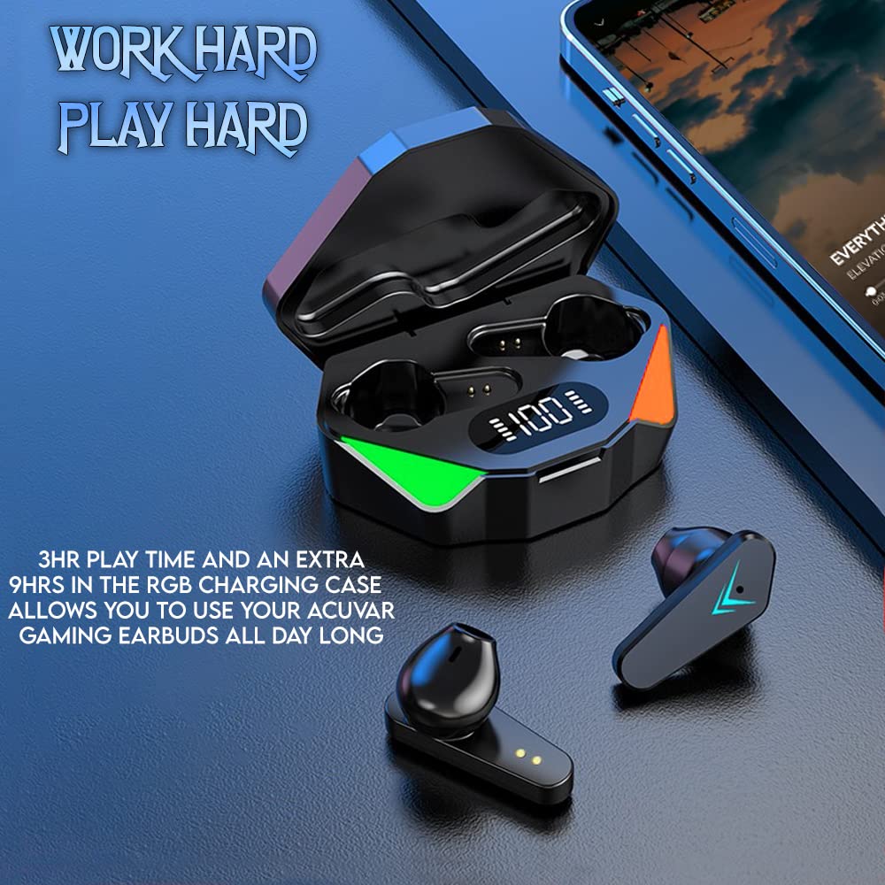 Bluetooth 5.2 Wireless Gaming Earbuds with Microphone, Sweatproof RGB LED Earbuds & 24H Charging Case, Hi-Fi Stereo Bass, Low Latency, Passive Noise Cancelling - Perfect for Gaming, Workouts, and Commuting
