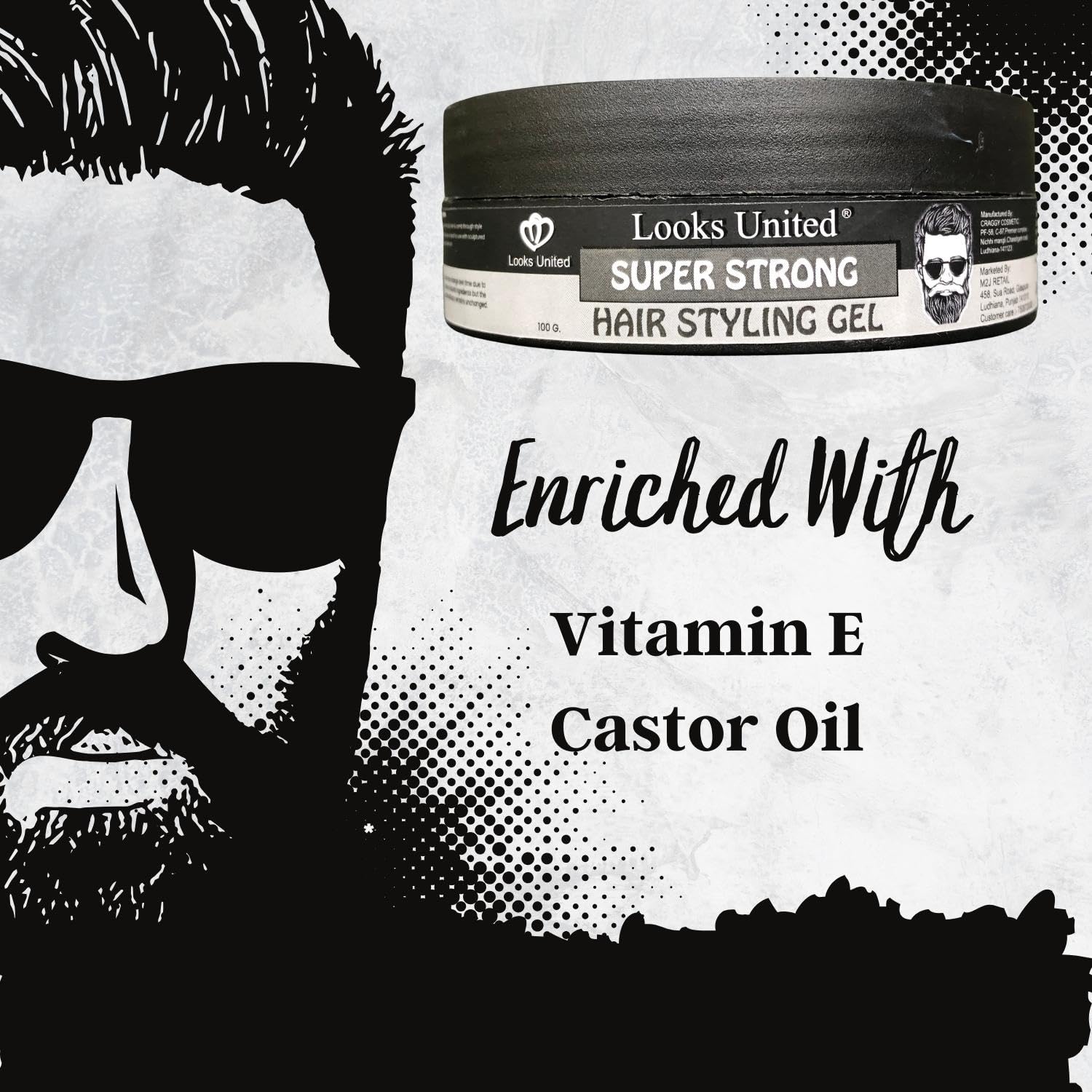 Looks United Super Strong Hair Styling Gel with Vitamin E - Alcohol & Sulphate Free (100g) | Natural Hold for Men's Short to Medium Hair | Perfect for Daily Styling, Work & Special Occasions