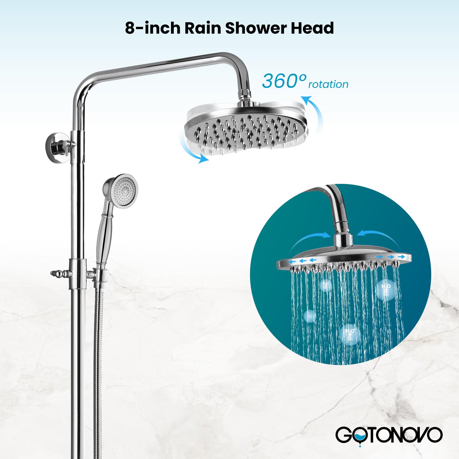 Gotonovo 8 Inch Rainfall Shower Head with Handheld Spray - Polished Chrome Wall Mount Bathroom Faucet Set (2 Functions) - Perfect for Modern Bathrooms & Spa-Like Showers