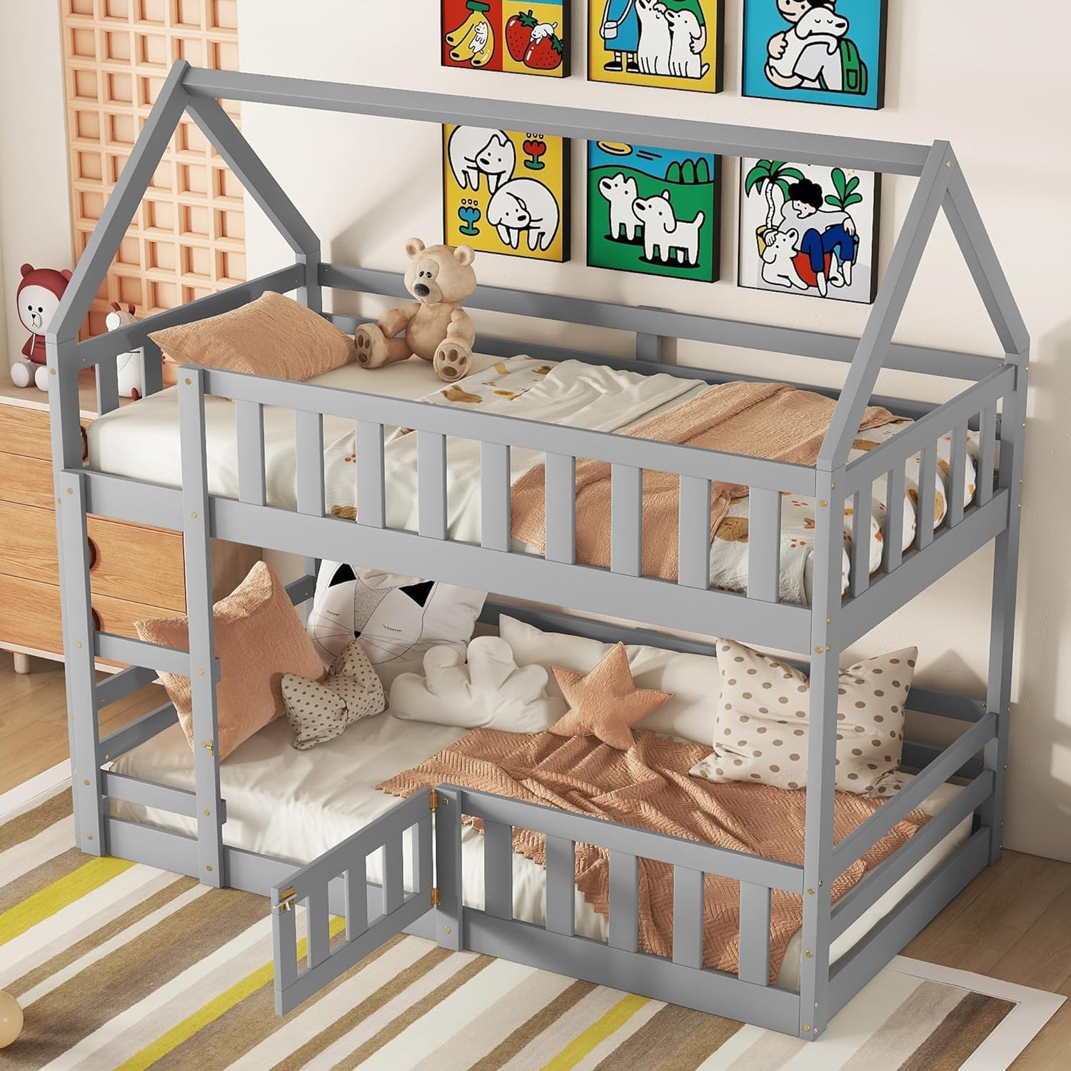 MERITLINE Twin Over Twin Wooden Bunk Bed with Safety Fence & Door, Loft Bed with Roof for Kids - Easy Assembly, Grey - Perfect for Small Bedrooms, Kids' Dormitories & Space-Saving Home Decor