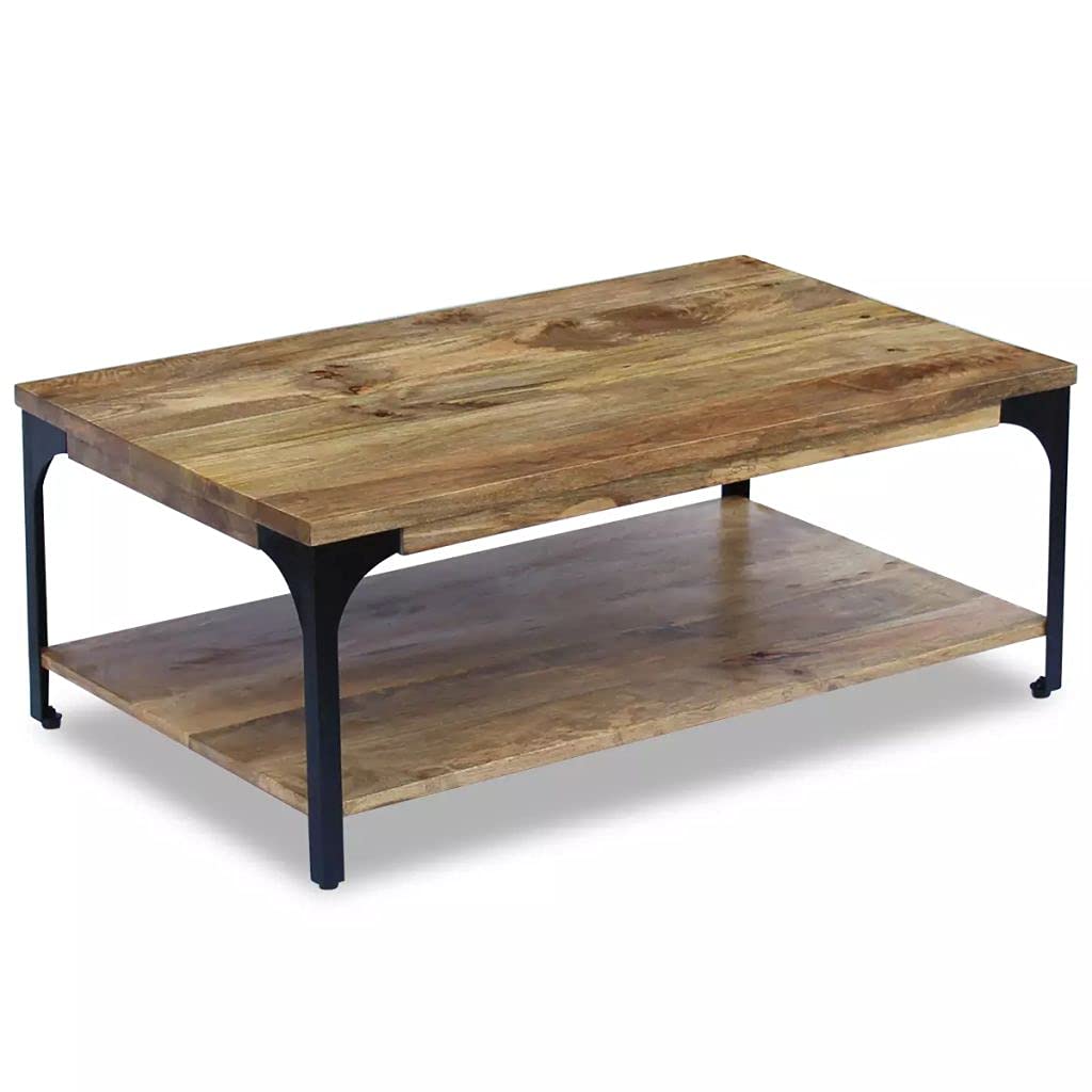 Solid Wood Coffee Table - Mango Wood Living Room Table with Open Compartment, 39.4