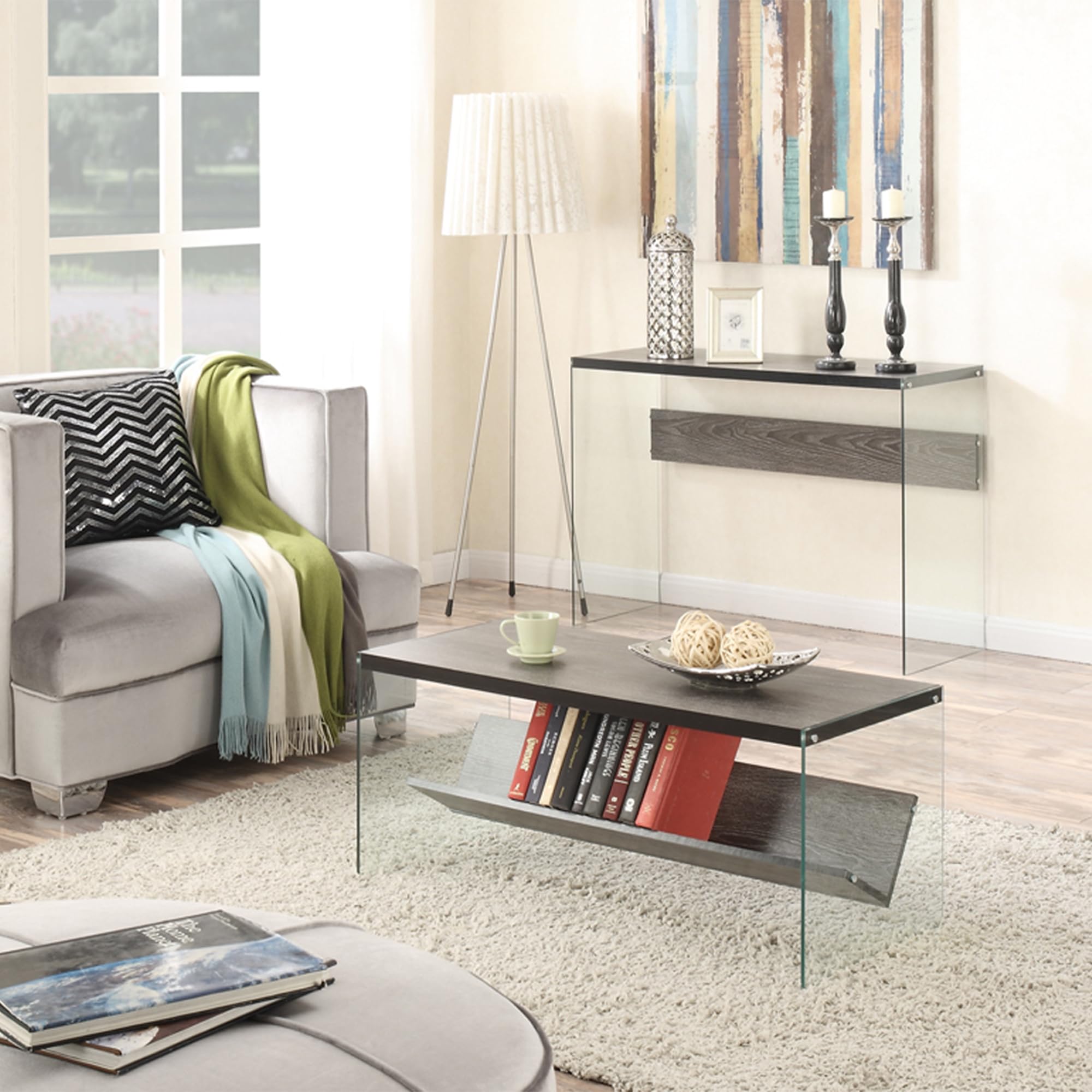 Modern Glass Coffee Table with Storage Shelf - Contemporary Weathered Gray Soho Design for Living Room & Family Room - Perfect for Small Spaces, Entertaining & Stylish Home Decor