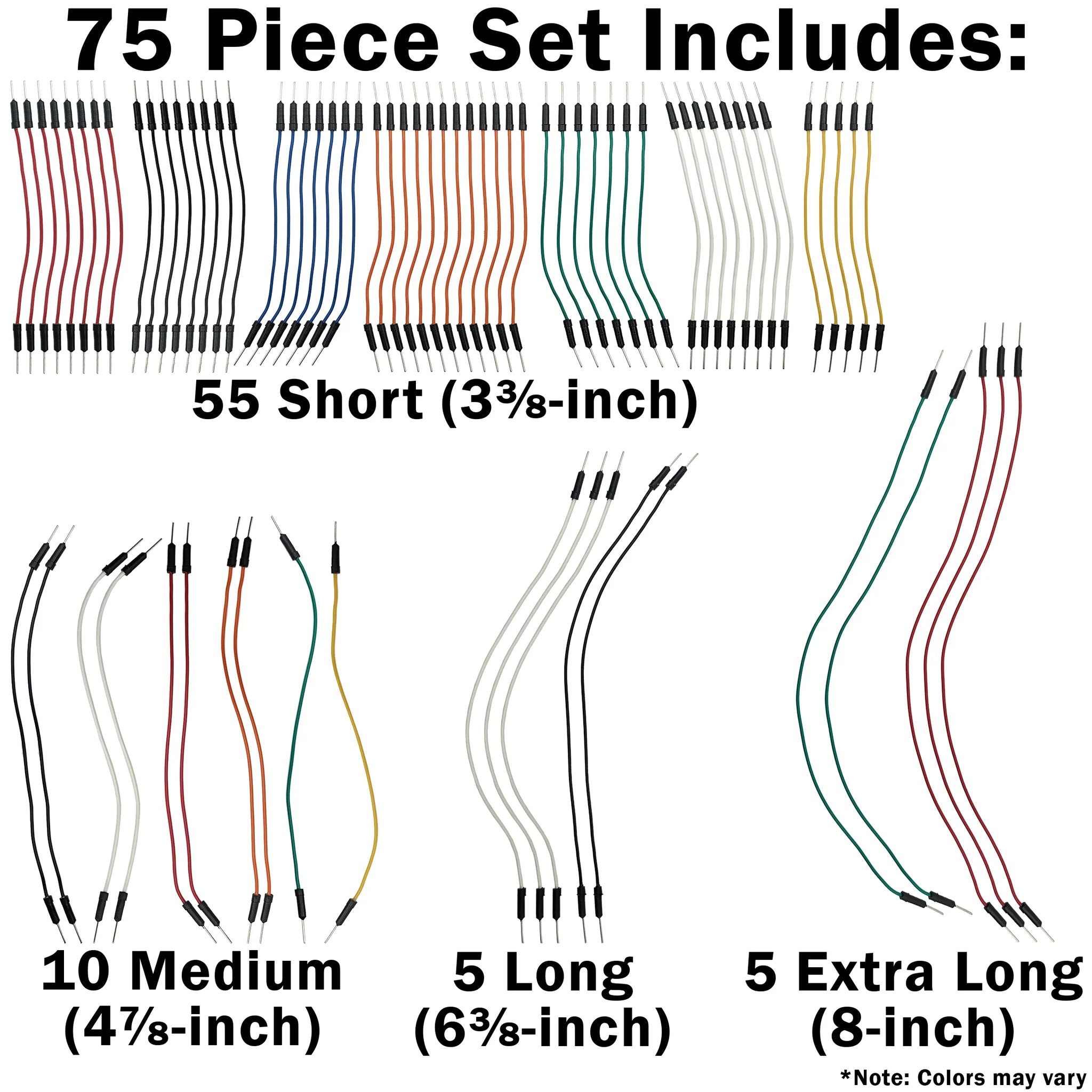 75 Pack Flexible Solderless Breadboard Jumper Wires - Male to Male Connector Kit with 4 Lengths (2.5/5/10/15cm) for Arduino, Raspberry Pi, and DIY Electronics Projects