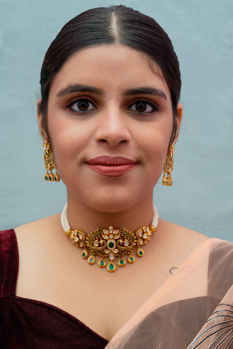 Luxury Gold Plated Royal Kundan Choker Necklace Set with Matching Earrings - Perfect for Weddings, Parties & Special Occasions