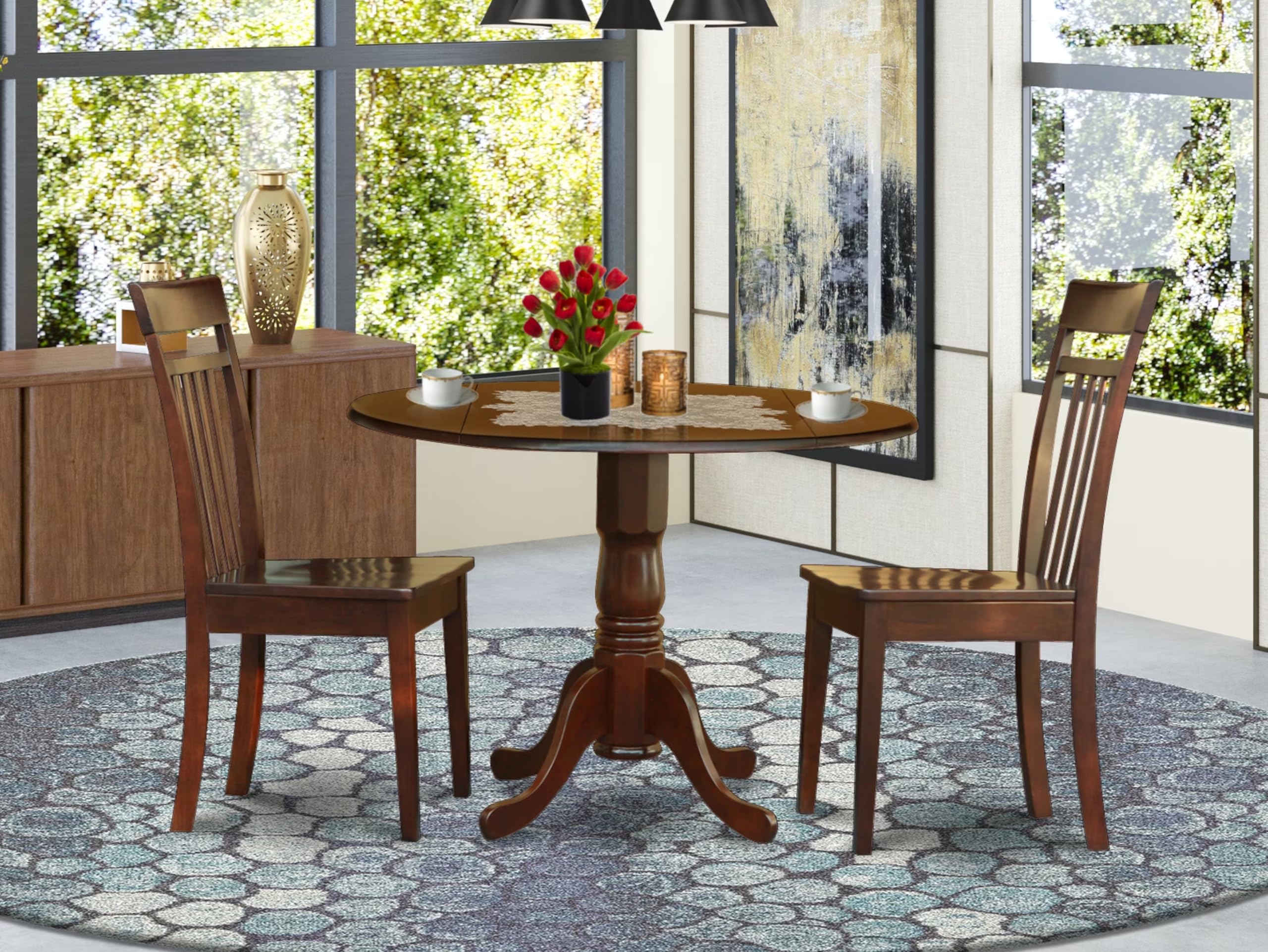 East West Furniture DLCA3-MAH-W 3-Piece Round Drop Leaf Kitchen Table Set with 2 Chairs for Small Spaces, 42x42 Inch, Mahogany - Perfect for Apartments, Breakfast Nooks & Cozy Dining Areas