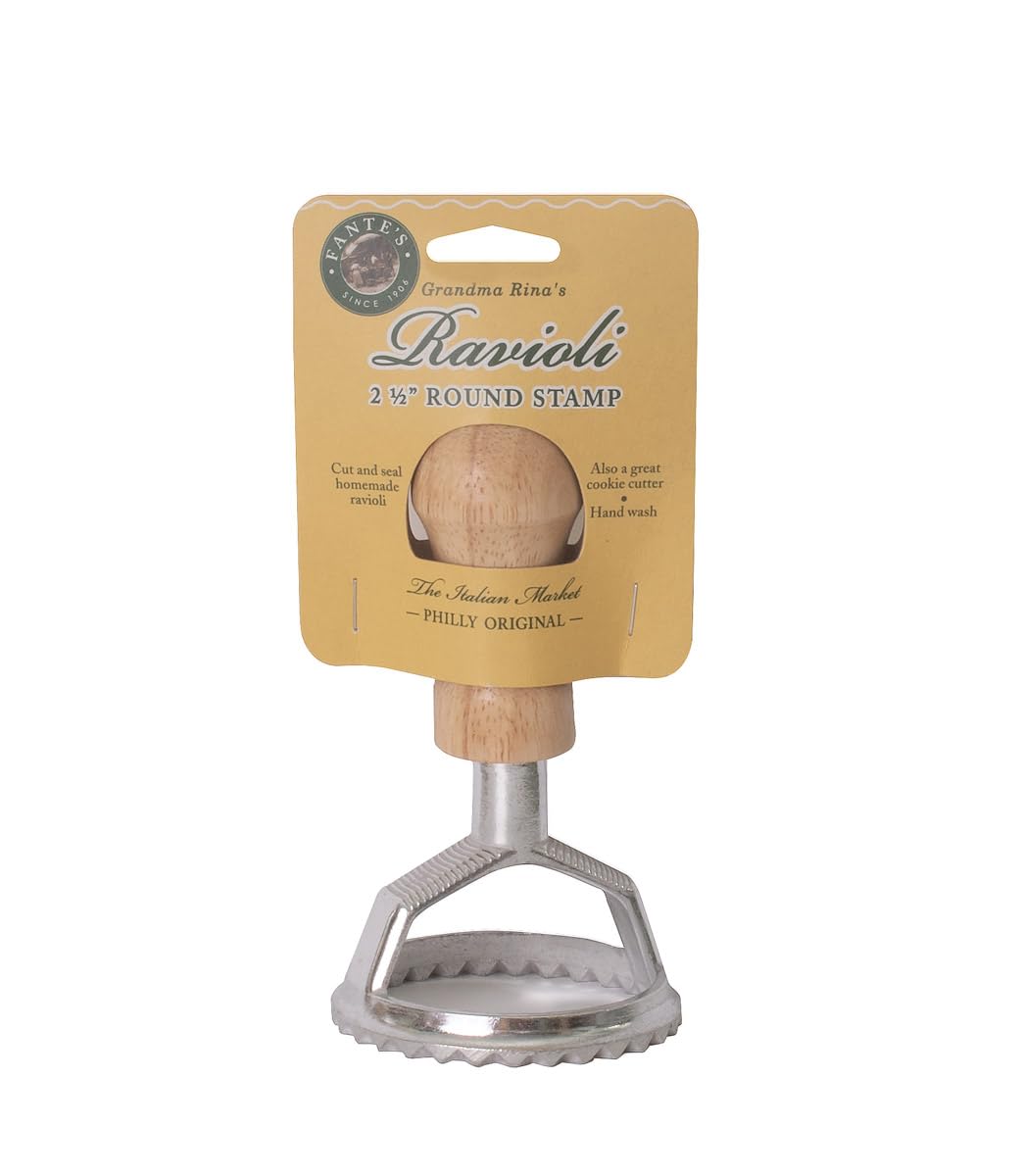 Fantes Authentic Italian Ravioli Maker Stamp Set - 2.5 Inch Round Pasta Cutter with Wooden Handle & Fluted Edge - Perfect for Homemade Pasta, Dumplings, and Italian Cooking - Since 1906