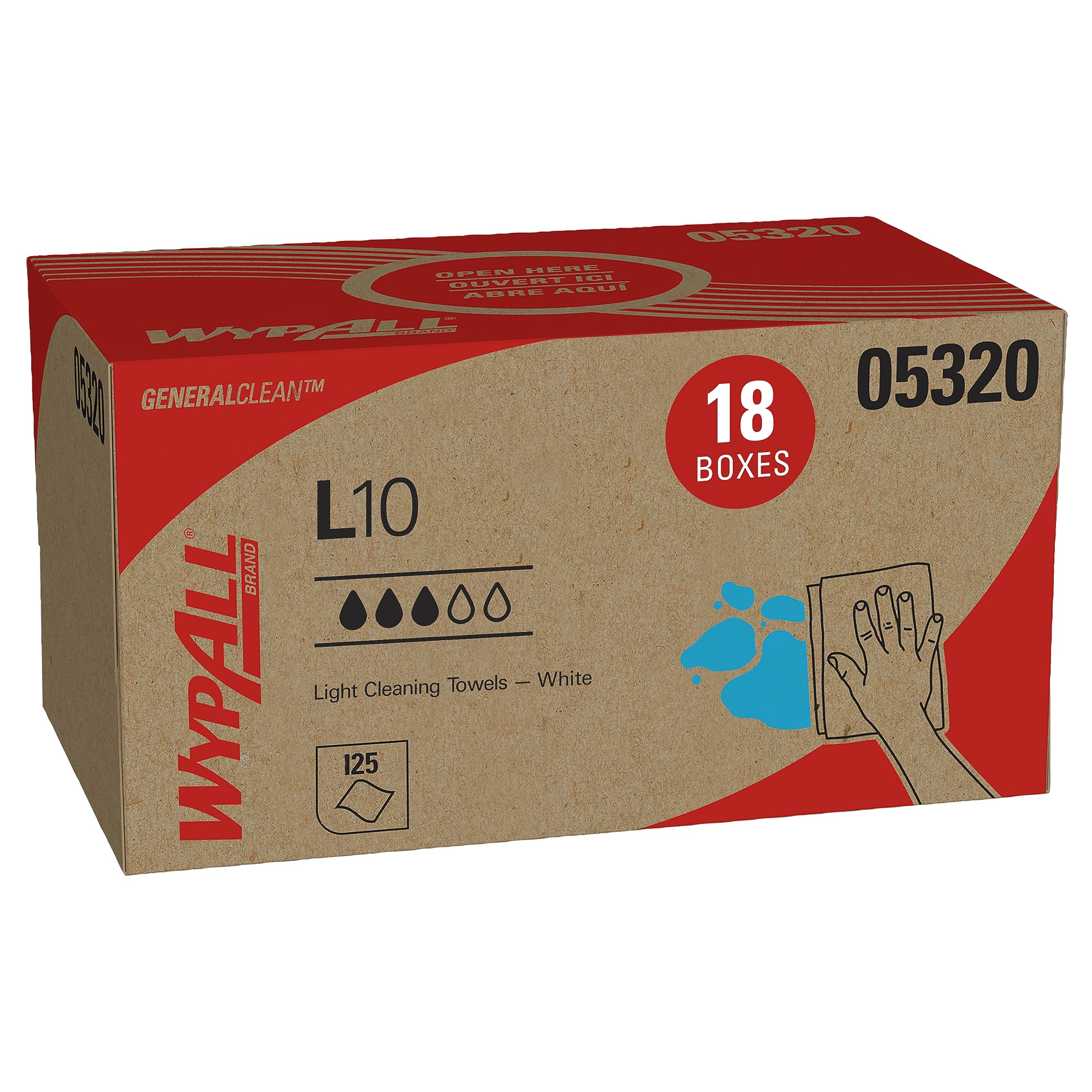 WypAll GeneralClean L10 Light Duty Cleaning Wipes (05320) - 18 Packs of 125 Sheets (2,250 Total), White, Pop-Up Dispenser Box | Ideal for Office, Kitchen & Light Surface Cleaning