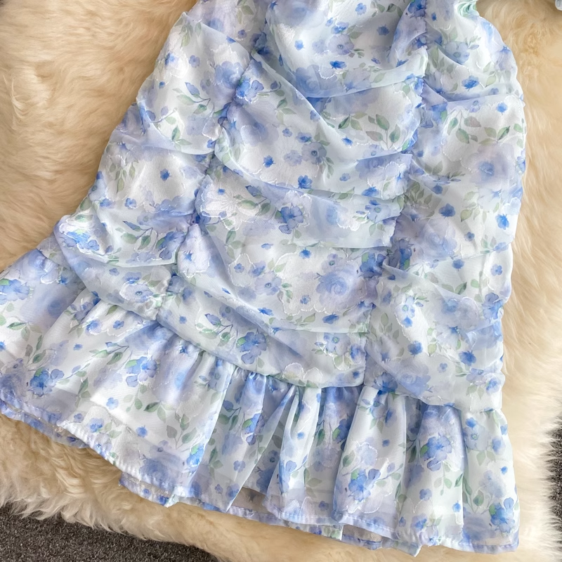 Floral V-Neck Mermaid Skirt Chiffon Summer Dress with Puff Sleeves - Fairy Tale Wedding Guest Dress for Beach Party, Garden Party & Special Occasions
