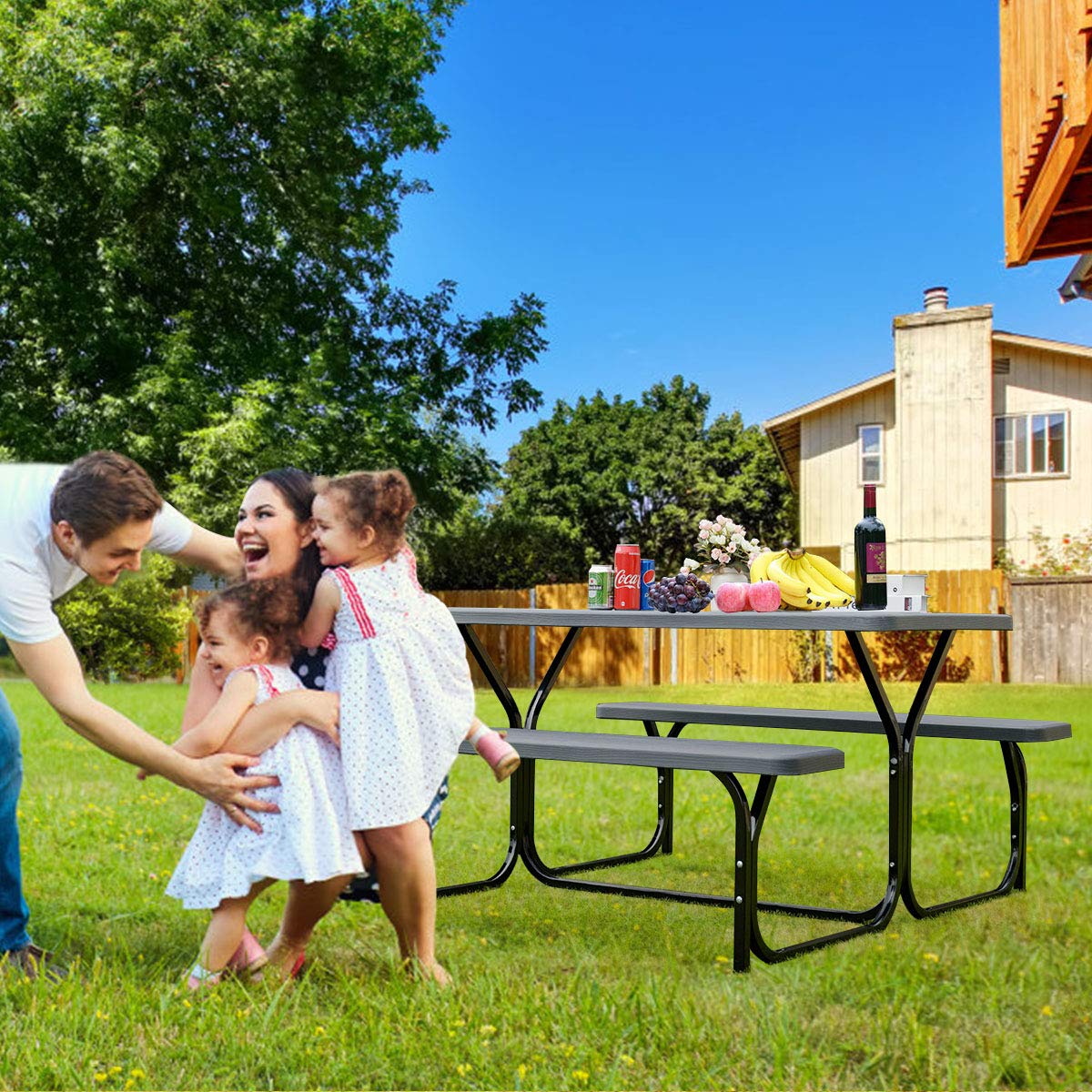 GYMAX Outdoor Picnic Table with All-Weather Wood Grain Tabletop & Sturdy Metal Frame - Easy Assembly for Camping, Backyard, Deck, Patio, Poolside Dining & Parties - Perfect for BBQs, Family Gatherings & Outdoor Entertaining